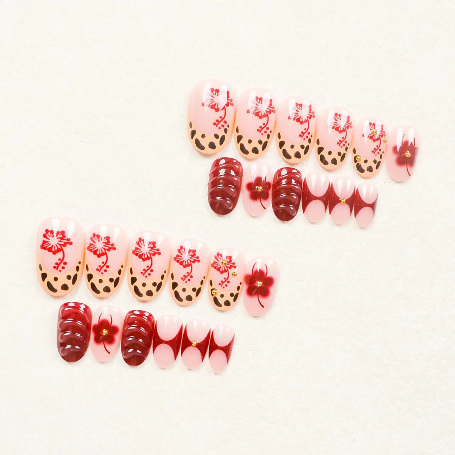 24Pcs 3D Flower Press on Nails Short Almond Leopard Print Designs French Tip Fake Nails Red Hibiscus Flowers Acrylic Nails With Gold Beads Spring False Nail Winter Full Cover Stick on Nail for Women