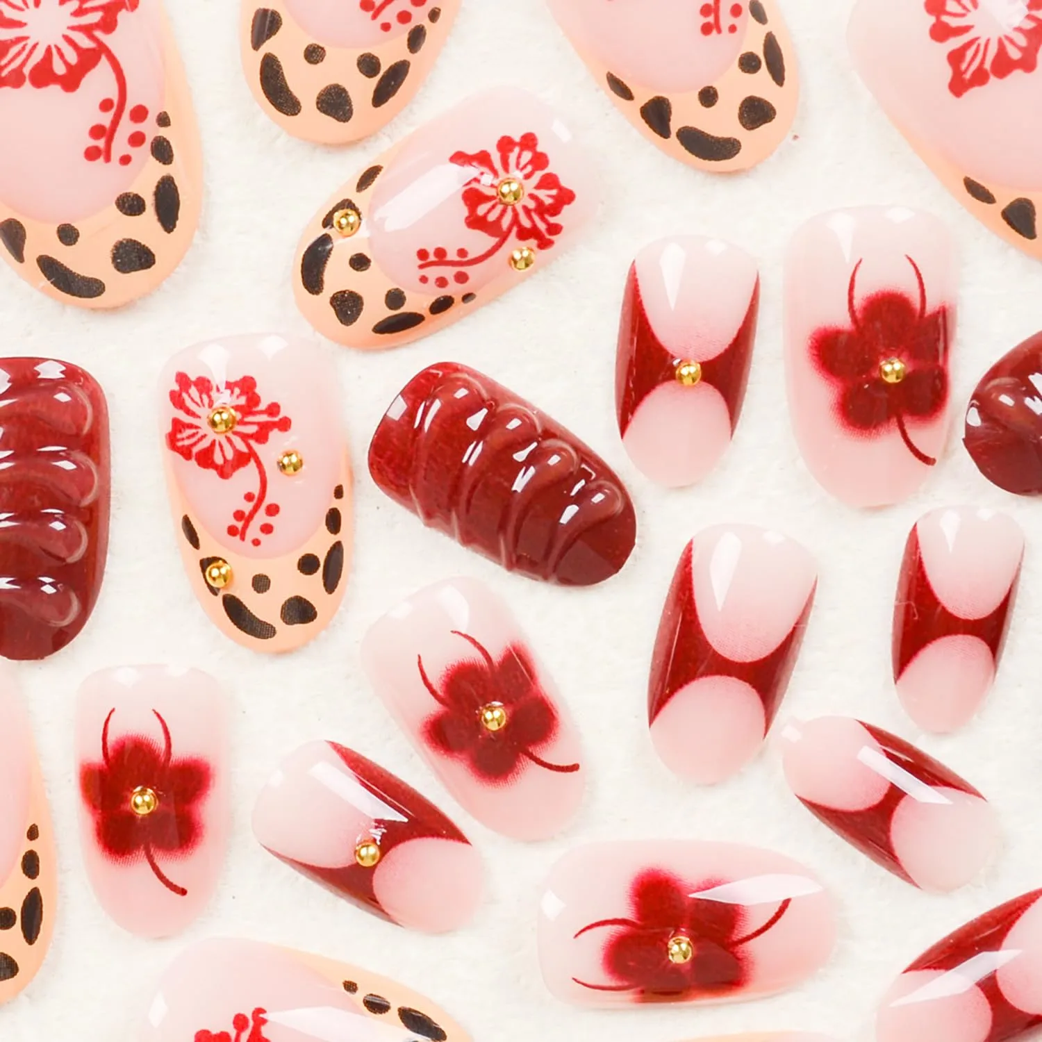 24Pcs 3D Flower Press on Nails Short Almond Leopard Print Designs French Tip Fake Nails Red Hibiscus Flowers Acrylic Nails With Gold Beads Spring False Nail Winter Full Cover Stick on Nail for Women