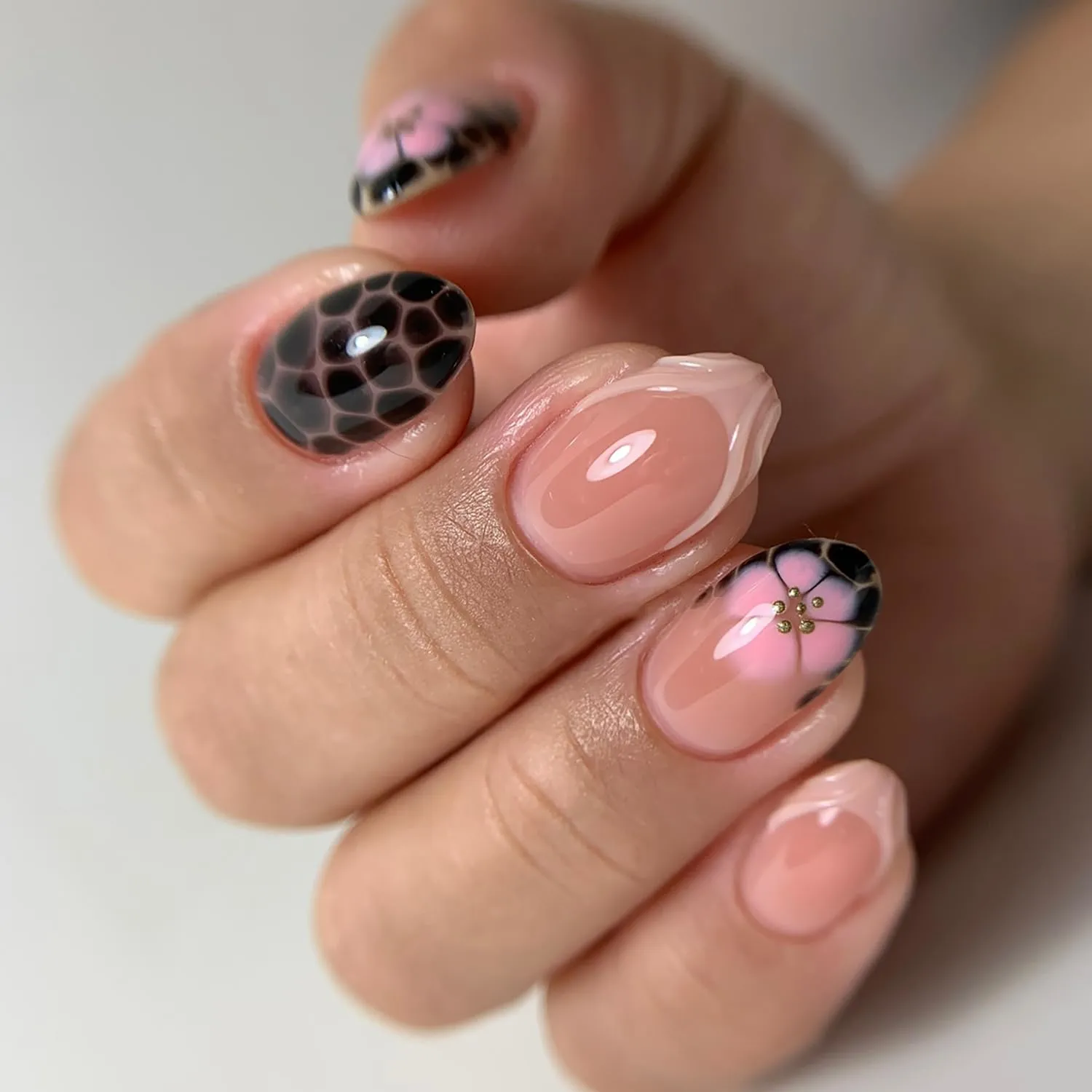 24Pcs French Tip Press on Nails Short Almond Fake Nails with 3D Designs Pink Flower Acrylic Nails Leopard Print False Nail Tips Floral Fold Beads Full Cover Glue on Nails for Women Nail Decorations