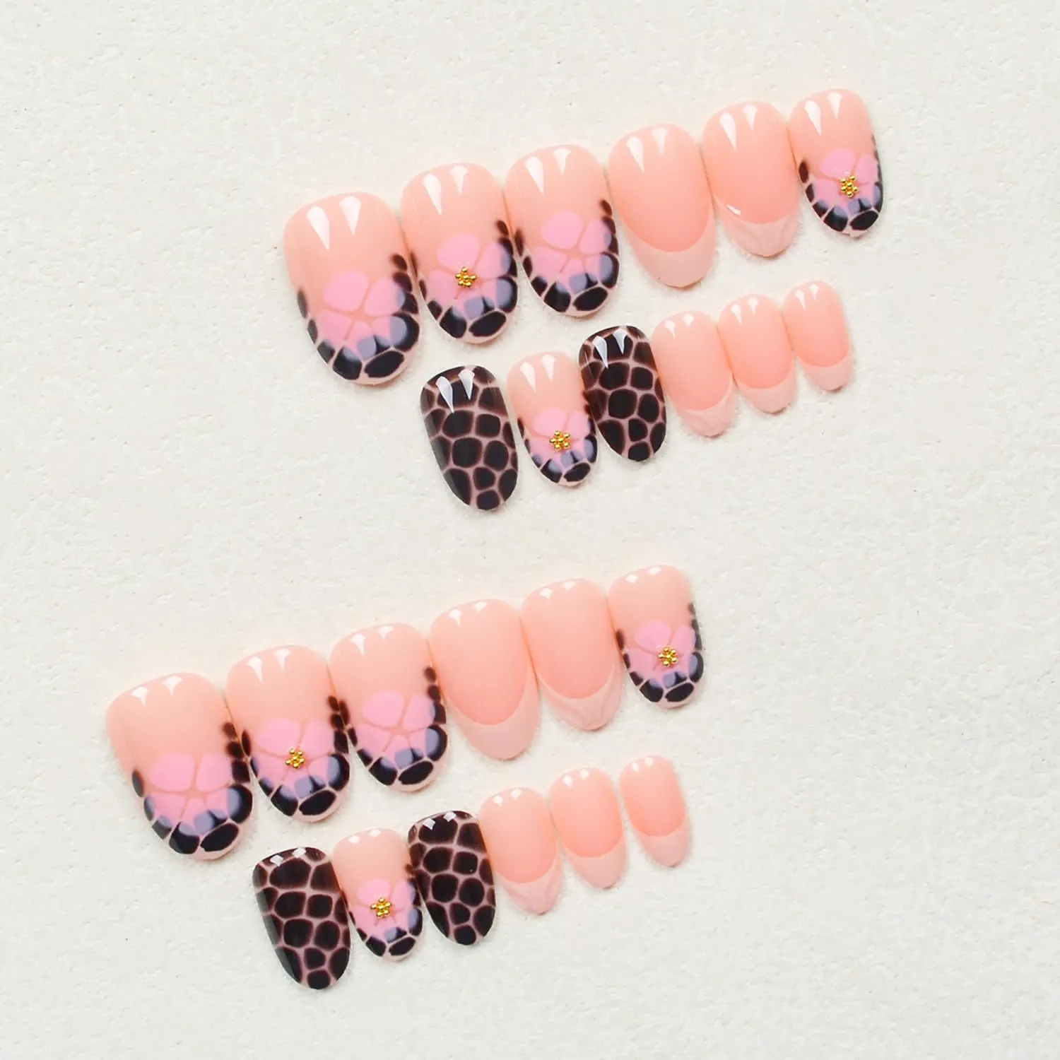 24Pcs French Tip Press on Nails Short Almond Fake Nails with 3D Designs Pink Flower Acrylic Nails Leopard Print False Nail Tips Floral Fold Beads Full Cover Glue on Nails for Women Nail Decorations
