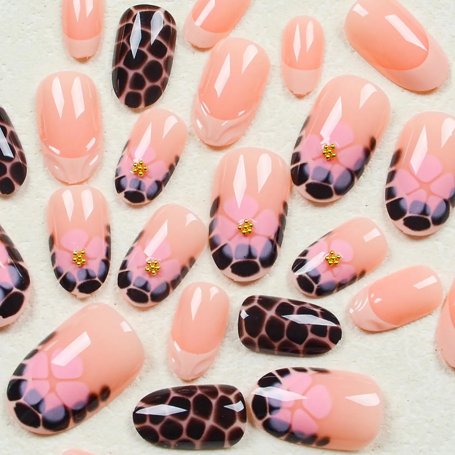24Pcs French Tip Press on Nails Short Almond Fake Nails with 3D Designs Pink Flower Acrylic Nails Leopard Print False Nail Tips Floral Fold Beads Full Cover Glue on Nails for Women Nail Decorations