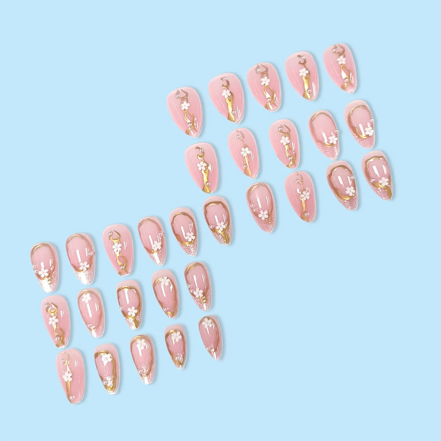 30Pcs Flower Press on Nails Short Almond Fake Nails with 3D Flowers Pearl Designs Gold French Line False Nails Shiny Spring Acrylic Nail Tips Floral Full Cover Stick on Nails for Women Nail Supplies