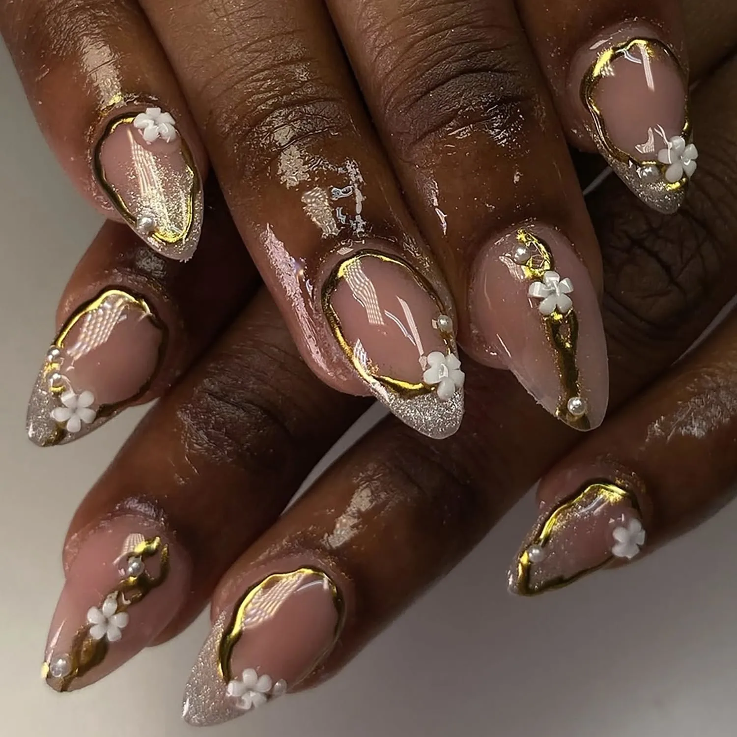 30Pcs Flower Press on Nails Short Almond Fake Nails with 3D Flowers Pearl Designs Gold French Line False Nails Shiny Spring Acrylic Nail Tips Floral Full Cover Stick on Nails for Women Nail Supplies