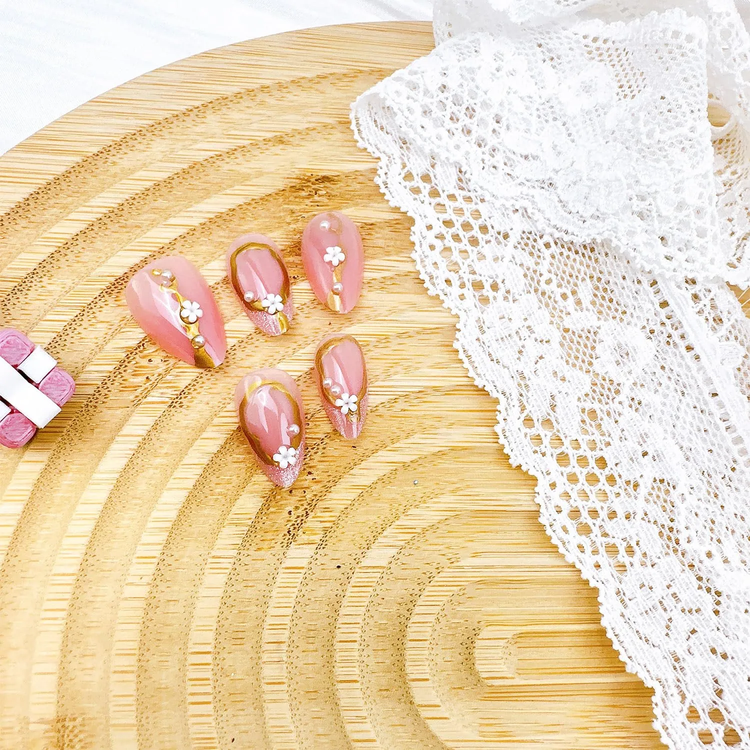30Pcs Flower Press on Nails Short Almond Fake Nails with 3D Flowers Pearl Designs Gold French Line False Nails Shiny Spring Acrylic Nail Tips Floral Full Cover Stick on Nails for Women Nail Supplies