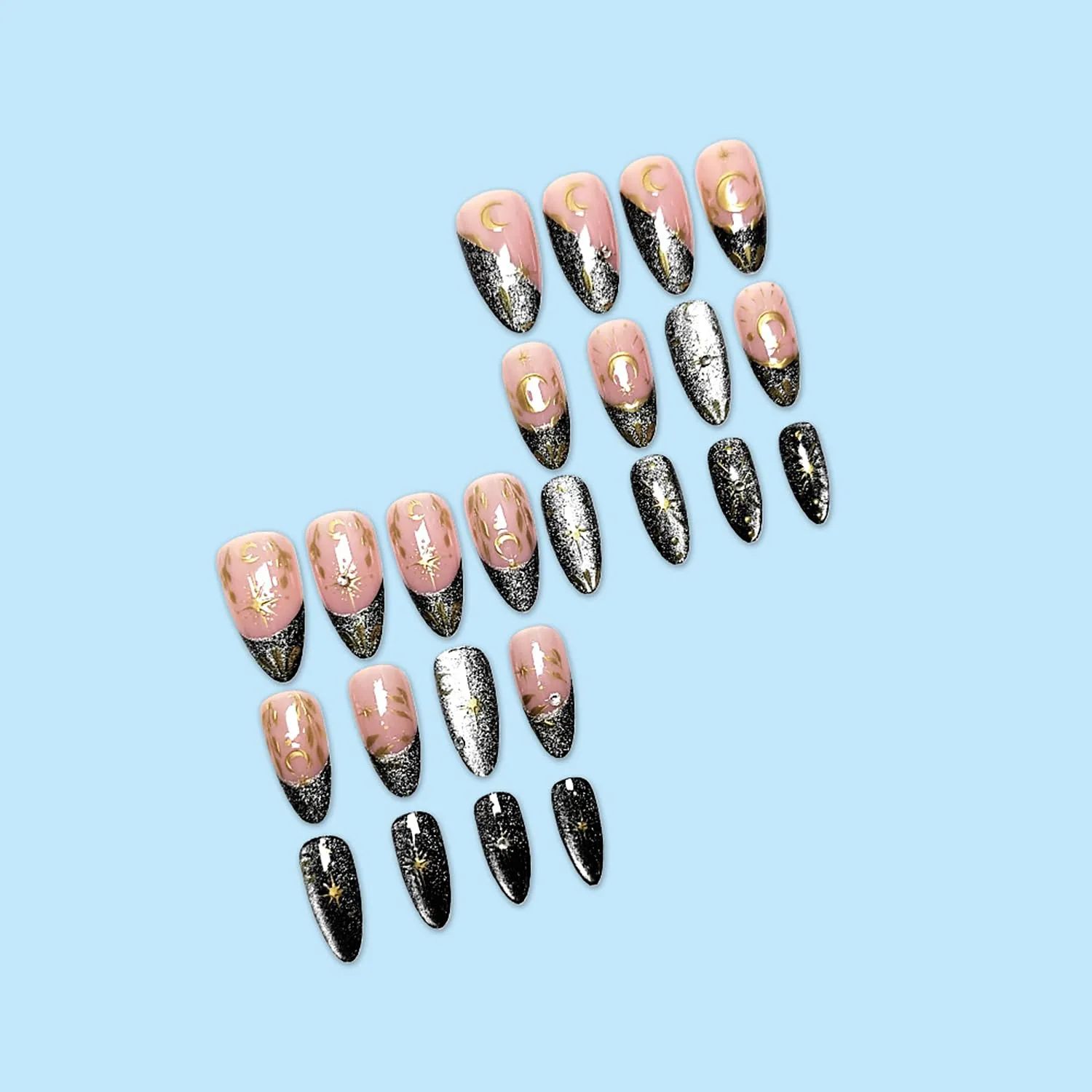 24Pcs Black Press on Nails Medium Almond Fake Nails with Glitter Designs Stars Moon Leaves False Nails Black French Tip Acrylic Nail Star Rhinestones Full Cover Glue on Nails for Women Nail Art