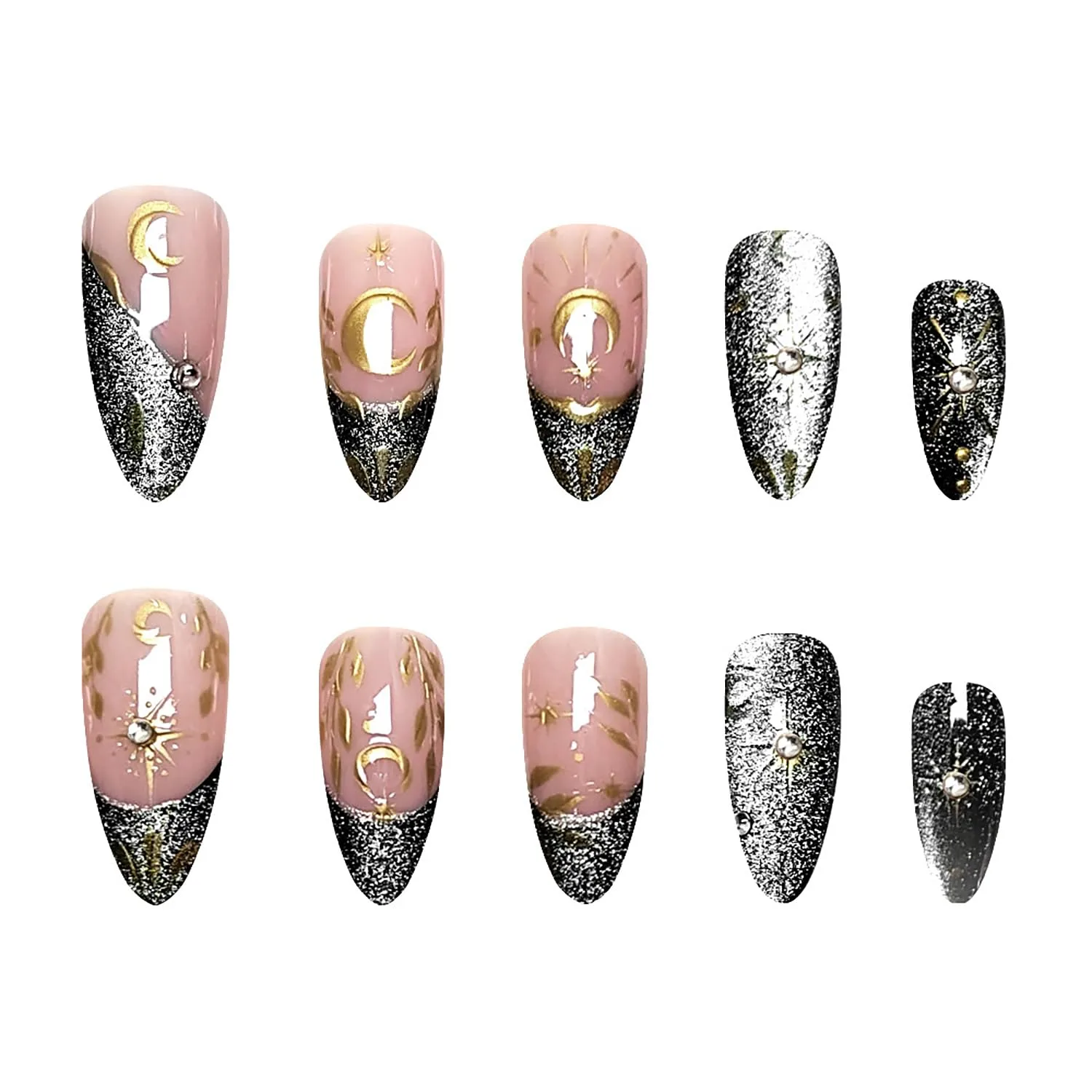24Pcs Black Press on Nails Medium Almond Fake Nails with Glitter Designs Stars Moon Leaves False Nails Black French Tip Acrylic Nail Star Rhinestones Full Cover Glue on Nails for Women Nail Art