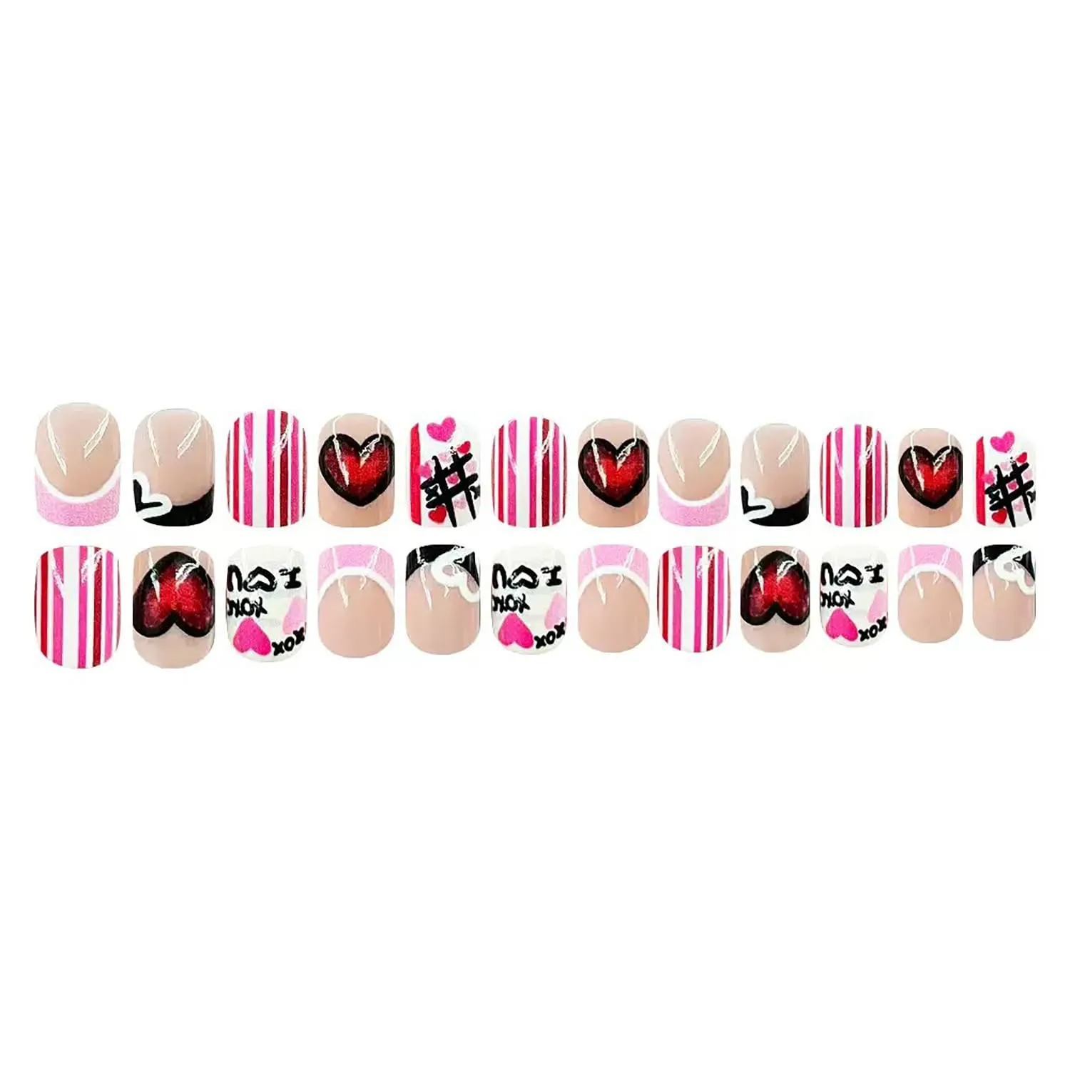 24Pcs Valentines Press on Nails Short Square Fake Nails with Designs Heart French Tip False Nails I Love You XOXO Acrylic Nail Romantic Valentine Full Cover Glue on Nails for Women Holiday Nail Decor