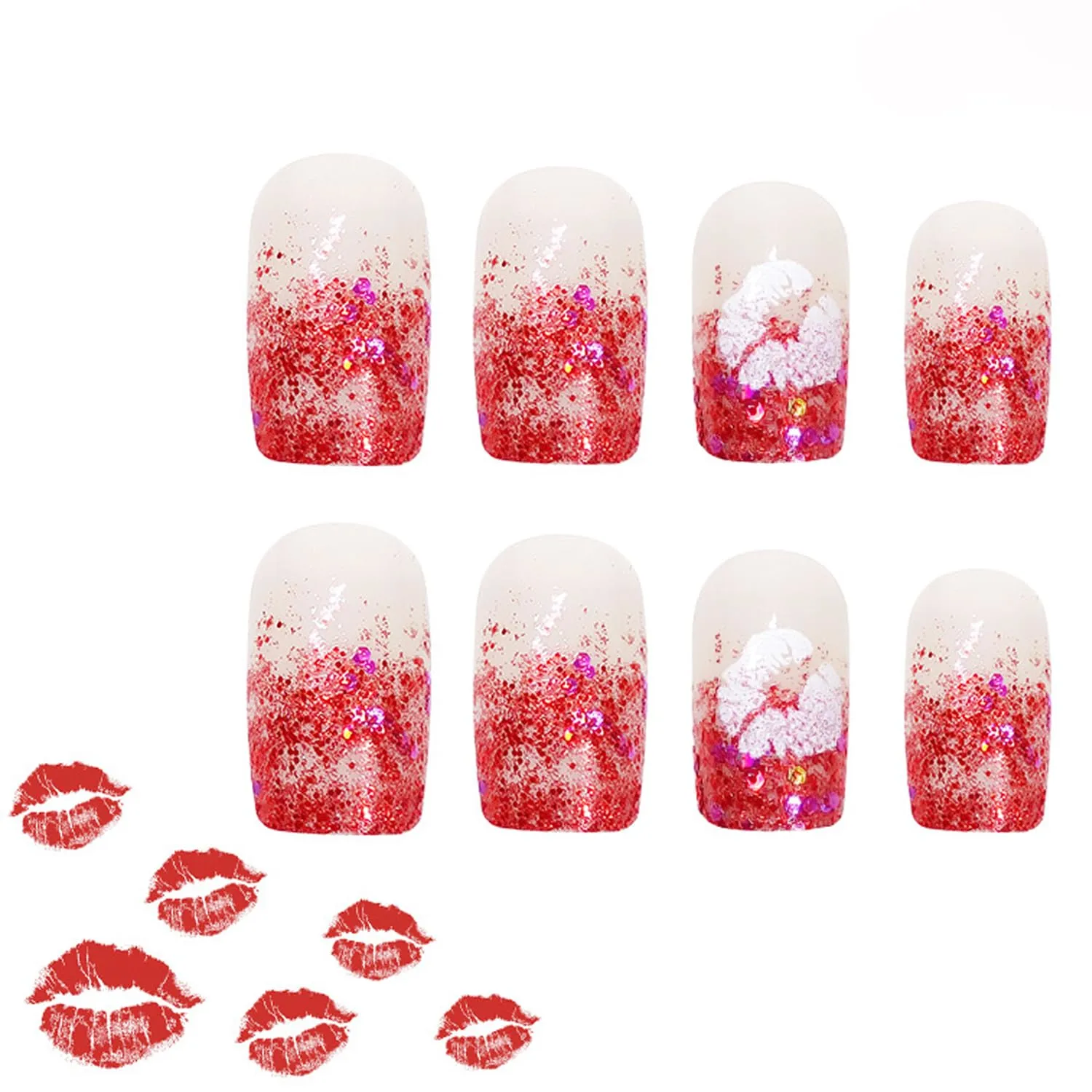 24Pcs Valentine's Day Press On Glitter Lip Print False Nails with French Designs, Glossy Wine Red Acrylic Fake Short Square Reusable Artificial Nails - DIY Manicure Decoration