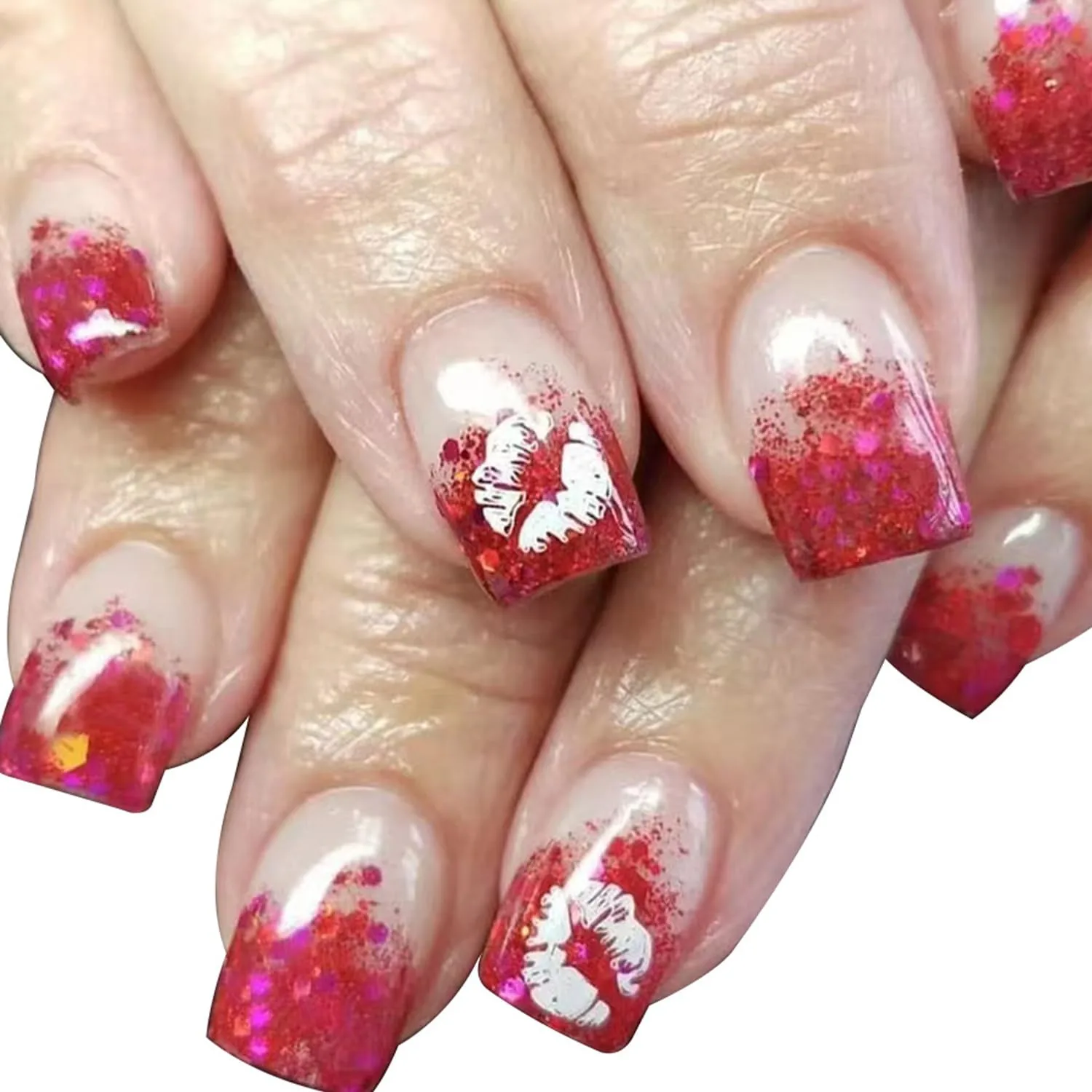 24Pcs Valentine's Day Press On Glitter Lip Print False Nails with French Designs, Glossy Wine Red Acrylic Fake Short Square Reusable Artificial Nails - DIY Manicure Decoration