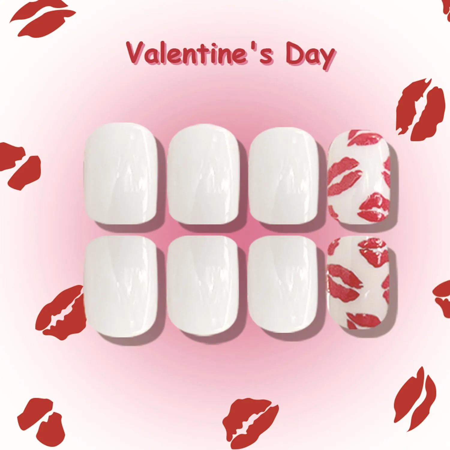 24Pcs Lip Press on Nails Short Fake Nails with Red Lips White Square Acrylic Nails False Nails Glossy Solid Color Gel Glue on Nails Kit Reusable Artificial Valentine's Nails Tip for Gifts Women Girls