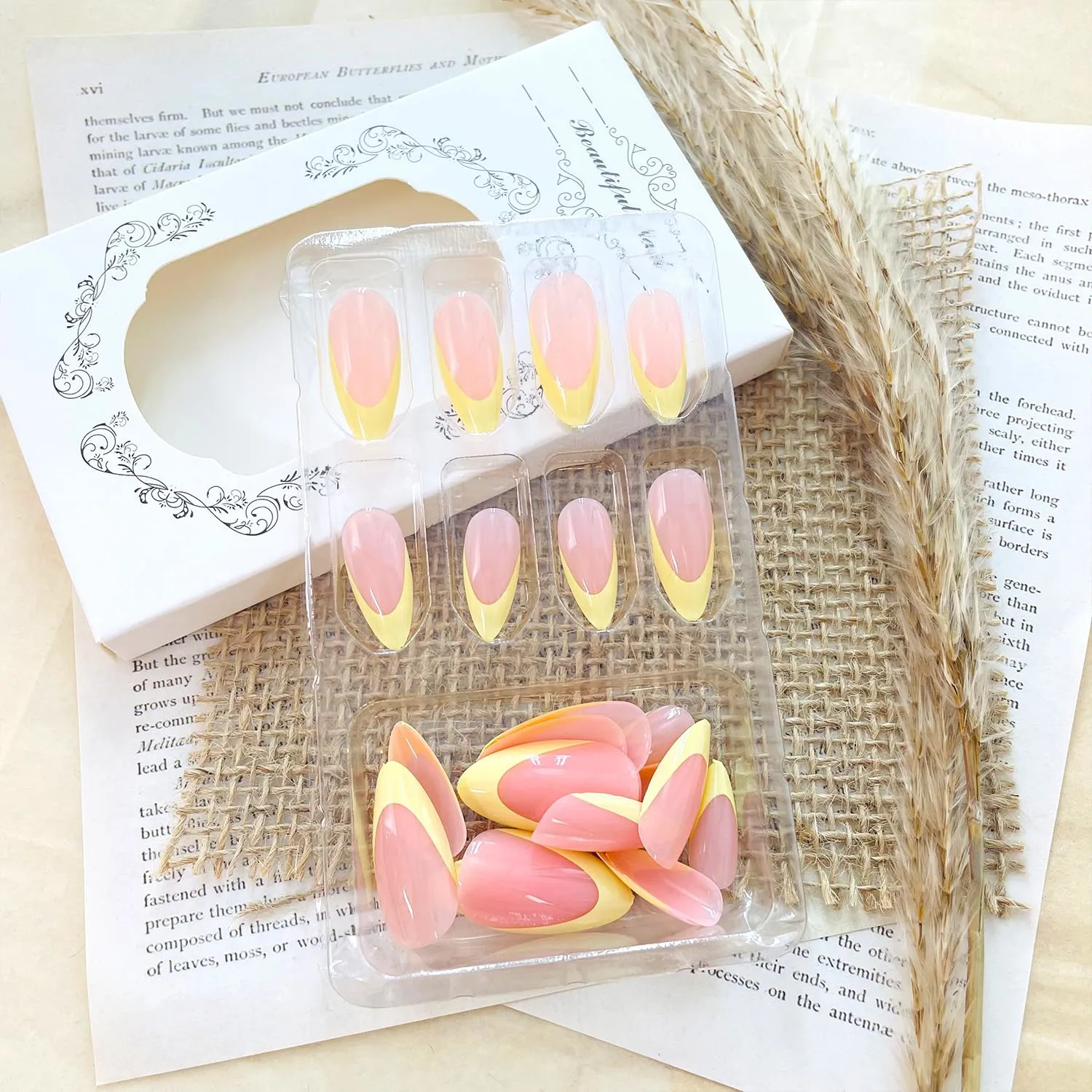 24Pcs Yellow French Tip Press Nails Long Almond False Nails Glossy Full Cover Nude Design Glue on Nail Crescent Moon Acrylic Fake Nail Reusable for Women
