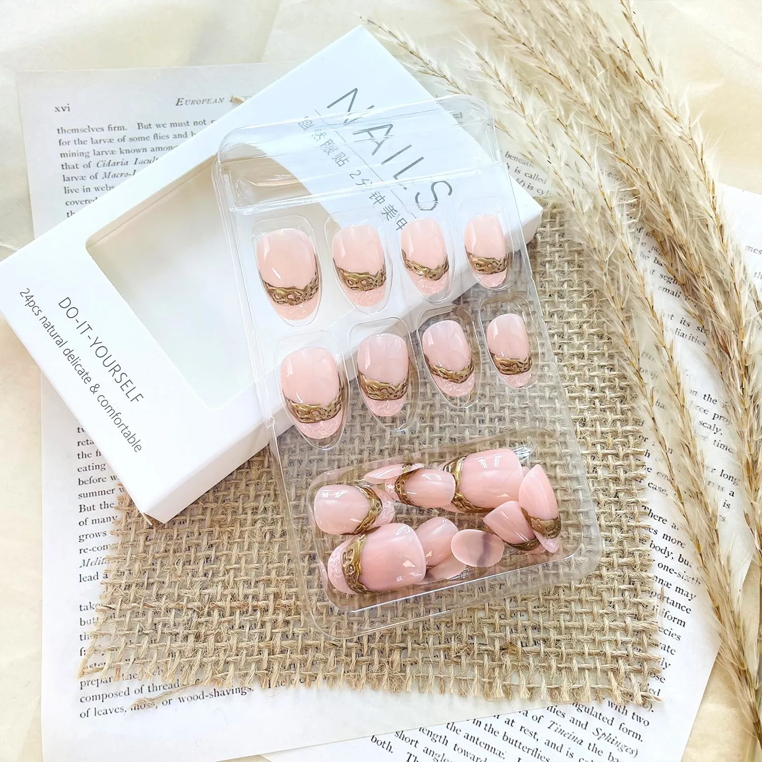 24Pcs Nude Pink Press on Nails Short Almond False Nails Glossy Full Cover Gold Design Glue on Nail 3D Acrylic Fake Nail Reusable for Women