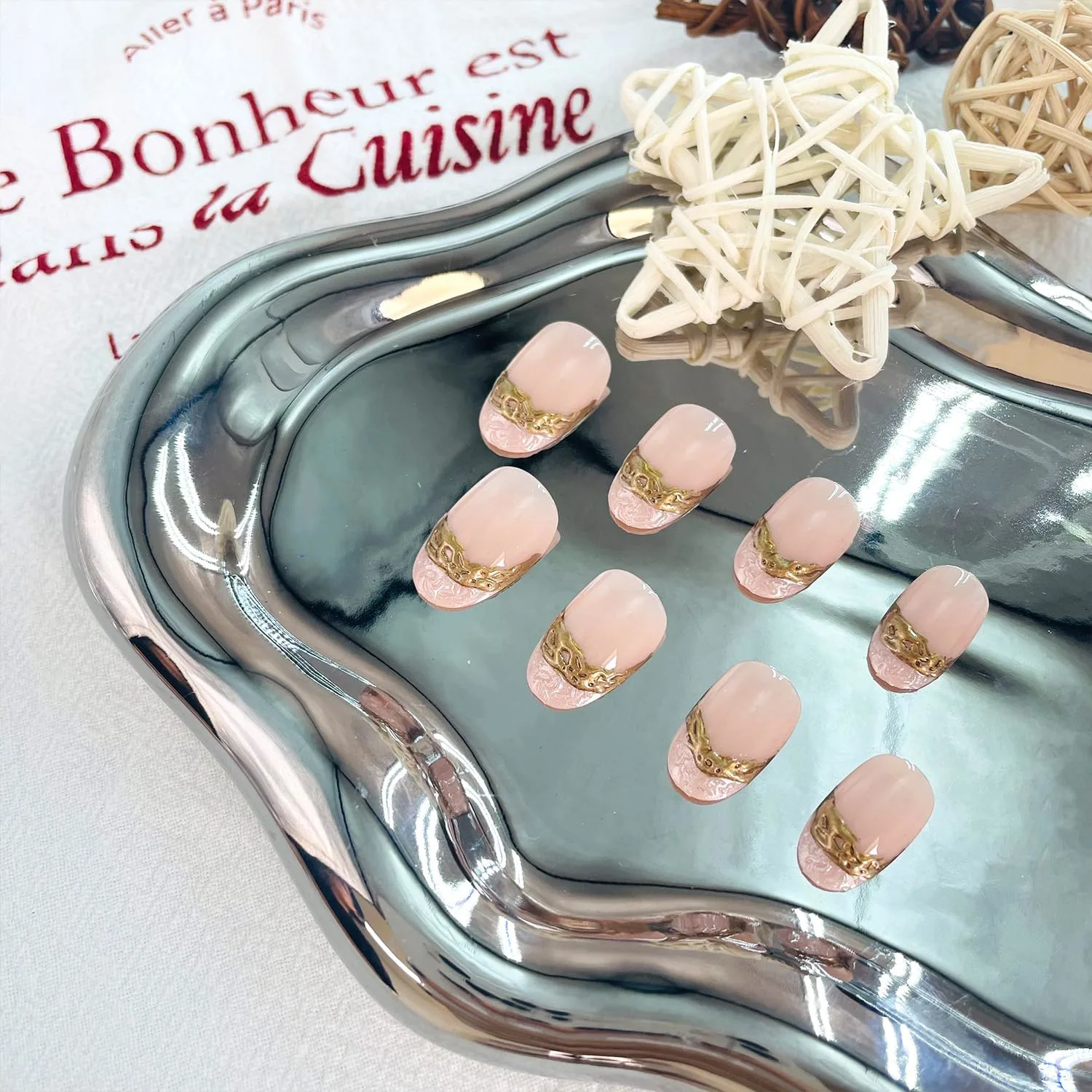 24Pcs Nude Pink Press on Nails Short Almond False Nails Glossy Full Cover Gold Design Glue on Nail 3D Acrylic Fake Nail Reusable for Women
