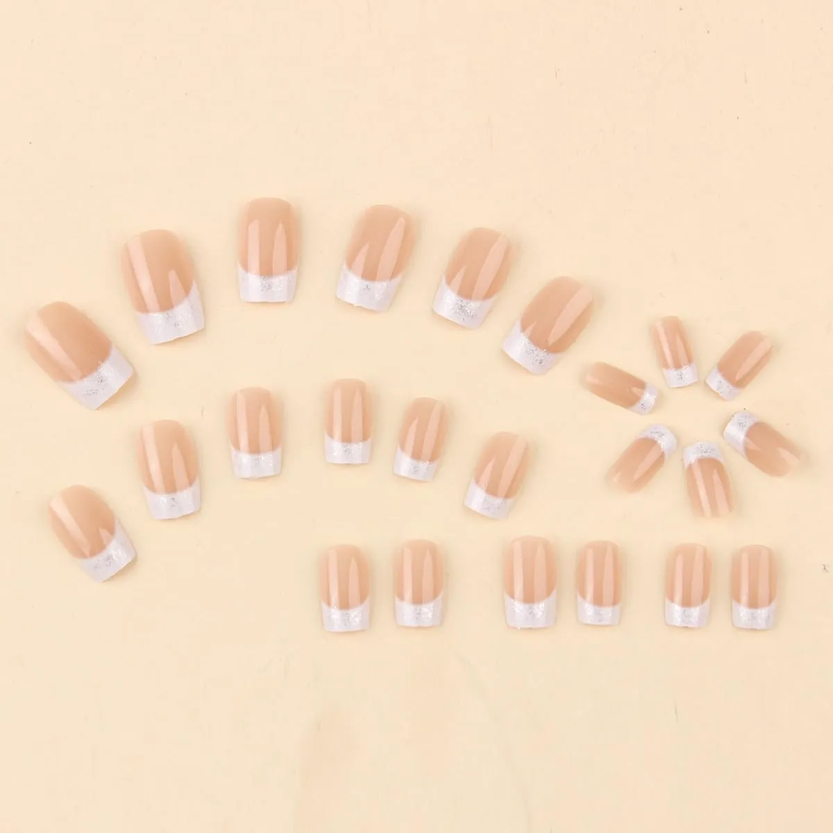 24Pcs White French Tip Press on Nails Medium Square Fake Nails French Glitter Designs Full Cover Stick on Nails Reusable Artificial Nails Nails Nude Pink False Nails for Women Girls Acrylic Nails
