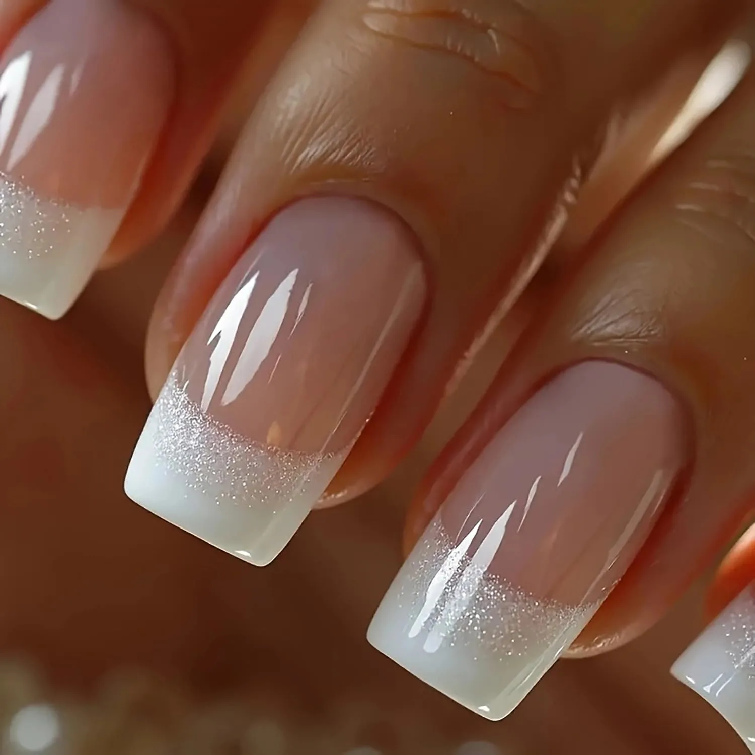 24Pcs White French Tip Press on Nails Medium Square Fake Nails French Glitter Designs Full Cover Stick on Nails Reusable Artificial Nails Nails Nude Pink False Nails for Women Girls Acrylic Nails