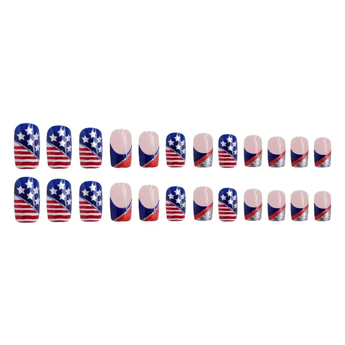 24Pcs 4th of July Press on Nails Short Square Fake Nails with American Flag Sliver Star Glitter Design Full Cover French Tip Glue on Nails Independence Day False Nails for Women Girls Acrylic Nails