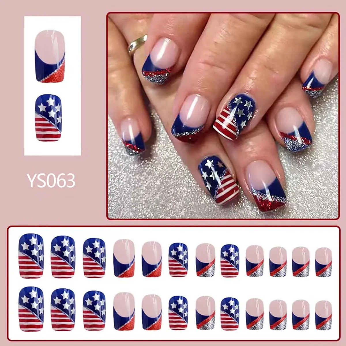 24Pcs 4th of July Press on Nails Short Square Fake Nails with American Flag Sliver Star Glitter Design Full Cover French Tip Glue on Nails Independence Day False Nails for Women Girls Acrylic Nails