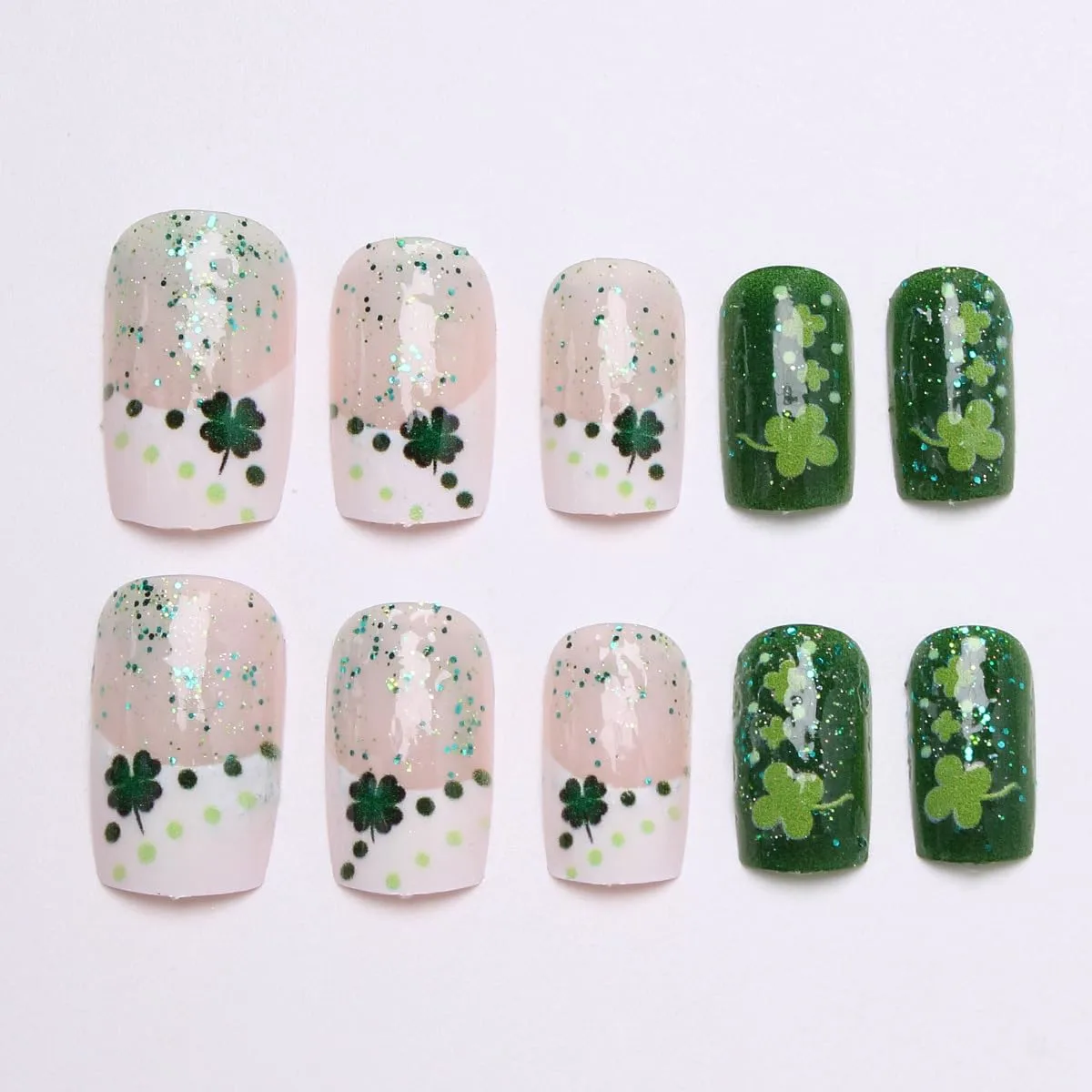 24Pcs St.Patrick's Day Press on Nails Medium Square Fake Nails with Irish Clover Designs French Tip False Nails Green Shamrock Glitter Full Cover Tips Stick on Nails for Women Manicure Art Accessories