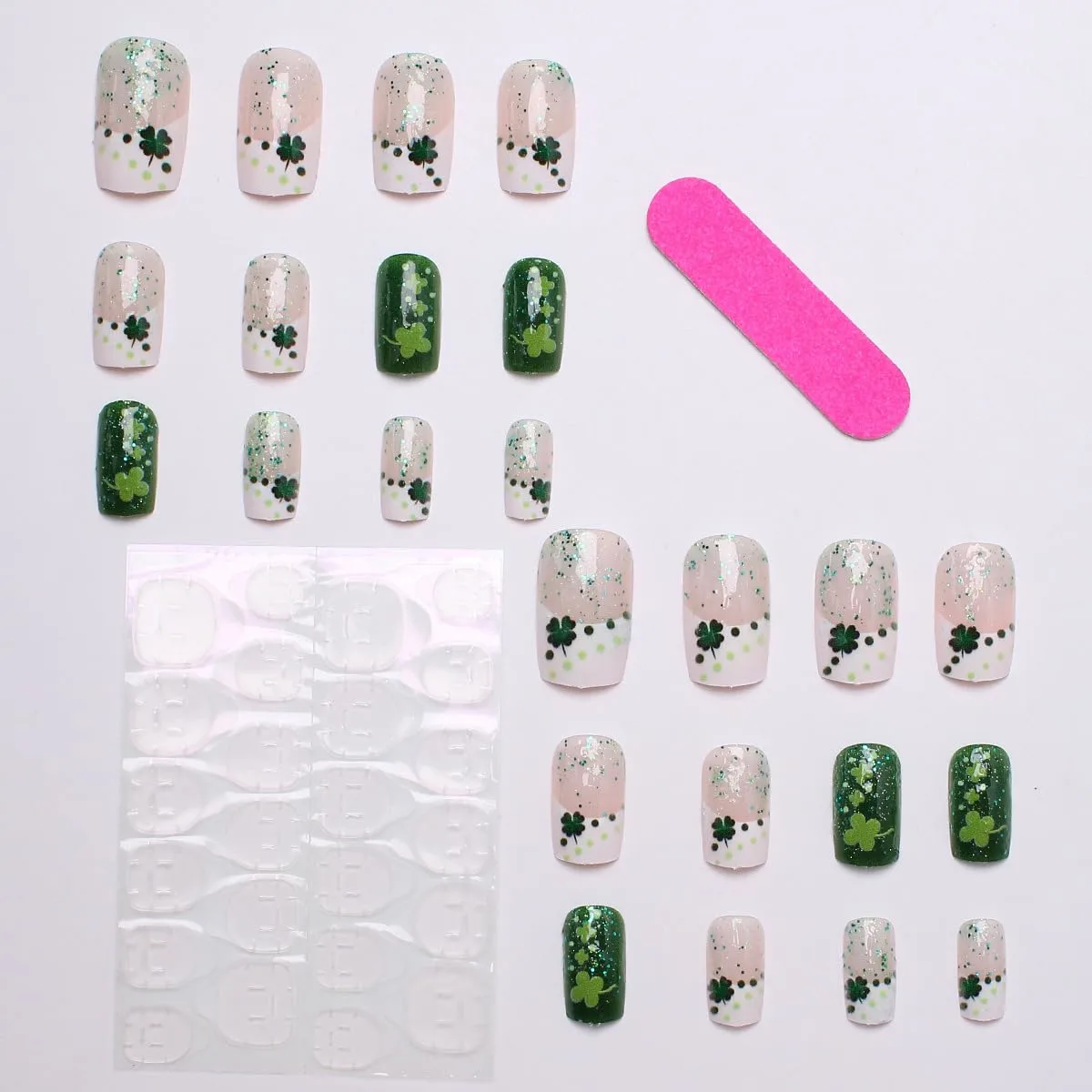24Pcs St.Patrick's Day Press on Nails Medium Square Fake Nails with Irish Clover Designs French Tip False Nails Green Shamrock Glitter Full Cover Tips Stick on Nails for Women Manicure Art Accessories
