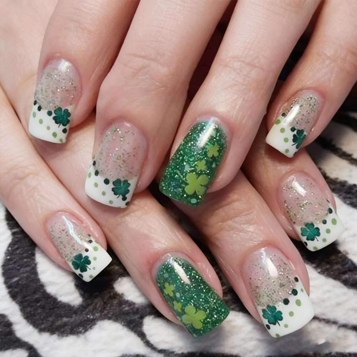 24Pcs St.Patrick's Day Press on Nails Medium Square Fake Nails with Irish Clover Designs French Tip False Nails Green Shamrock Glitter Full Cover Tips Stick on Nails for Women Manicure Art Accessories