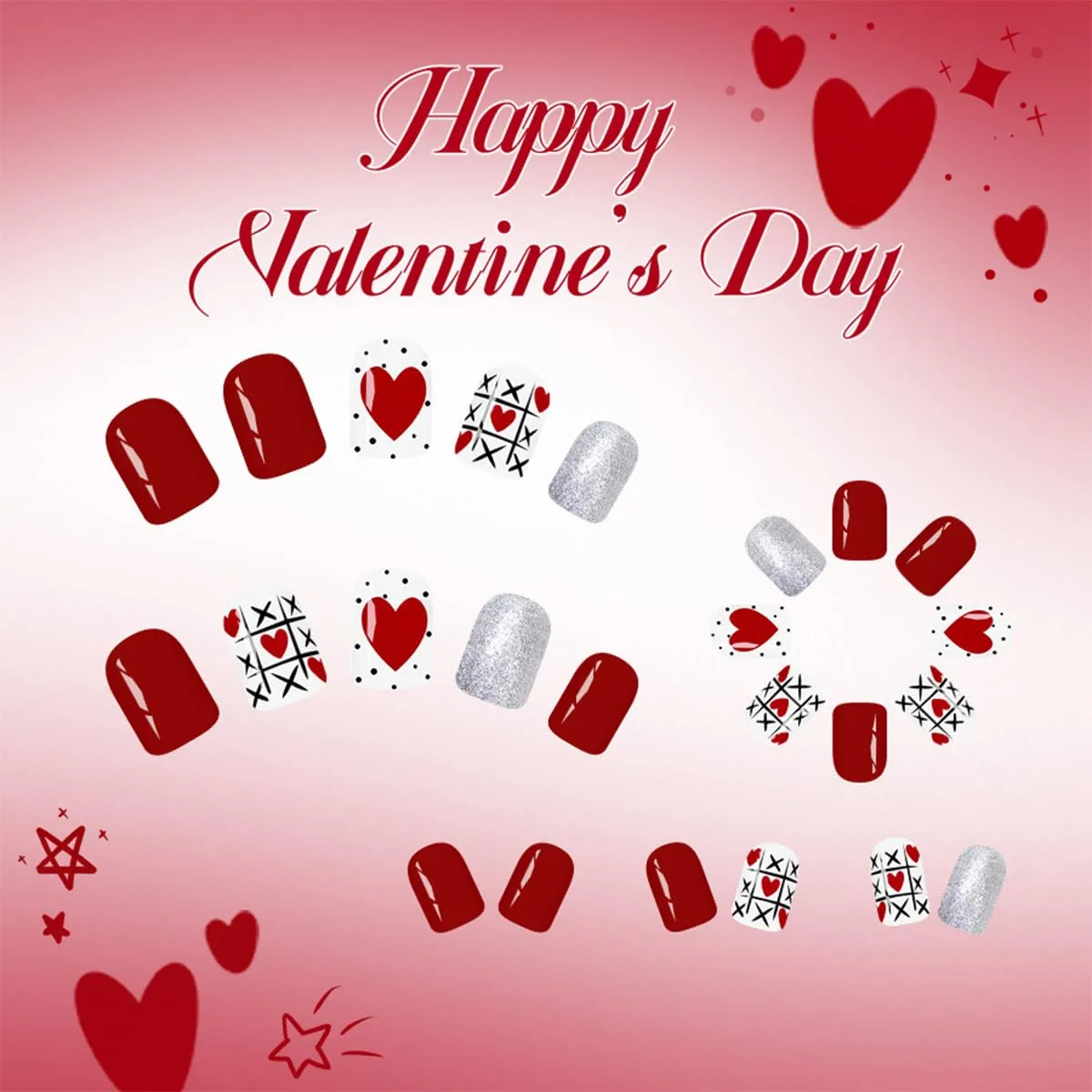 24Pcs Romantic Valentines Press on Nails Short Square Fake Nails with Silver Glitter Designs Cute Red Hearts False Nails Red Full Cover Glossy Acrylic Stick on Nails for Women DIY Manicure Decoration
