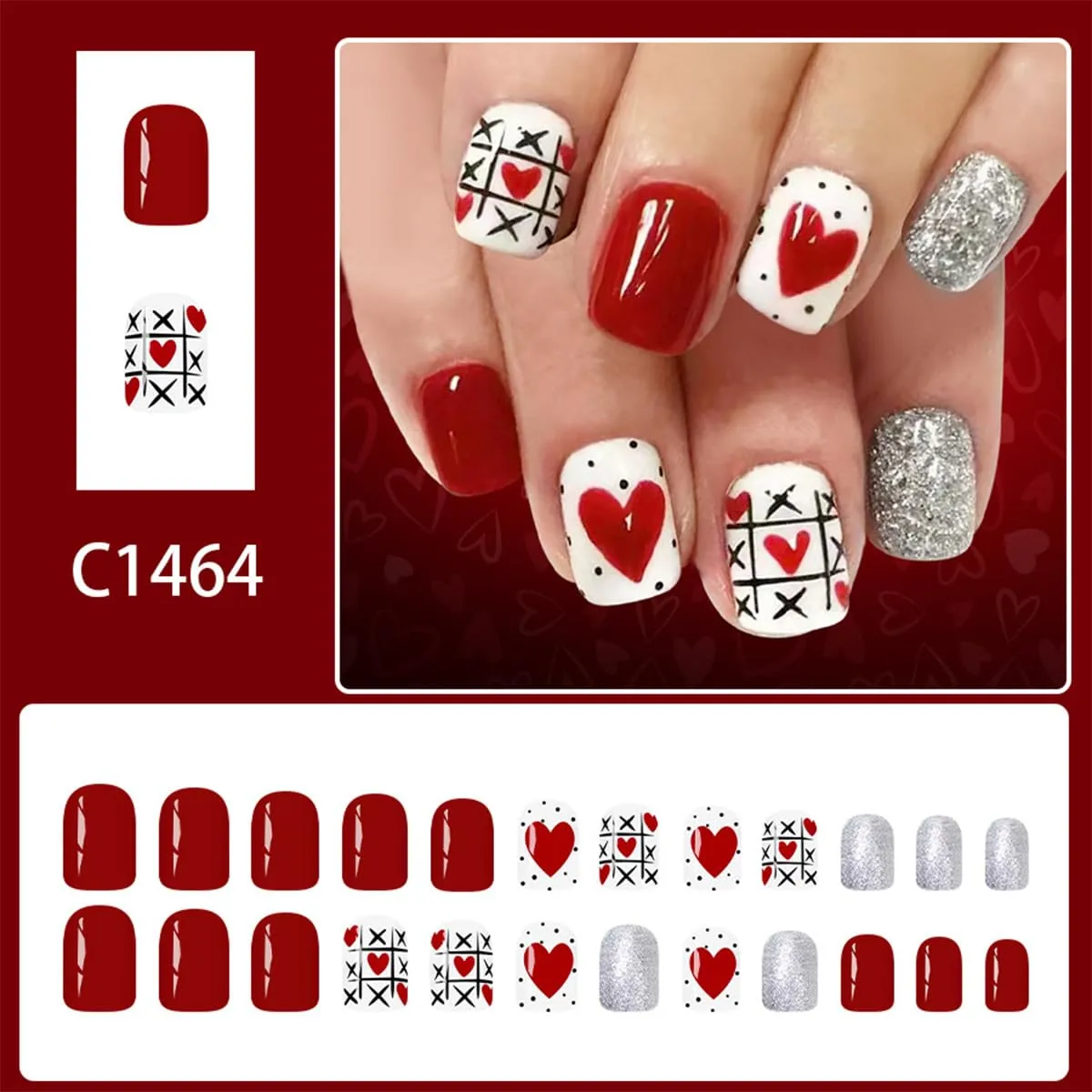 24Pcs Romantic Valentines Press on Nails Short Square Fake Nails with Silver Glitter Designs Cute Red Hearts False Nails Red Full Cover Glossy Acrylic Stick on Nails for Women DIY Manicure Decoration