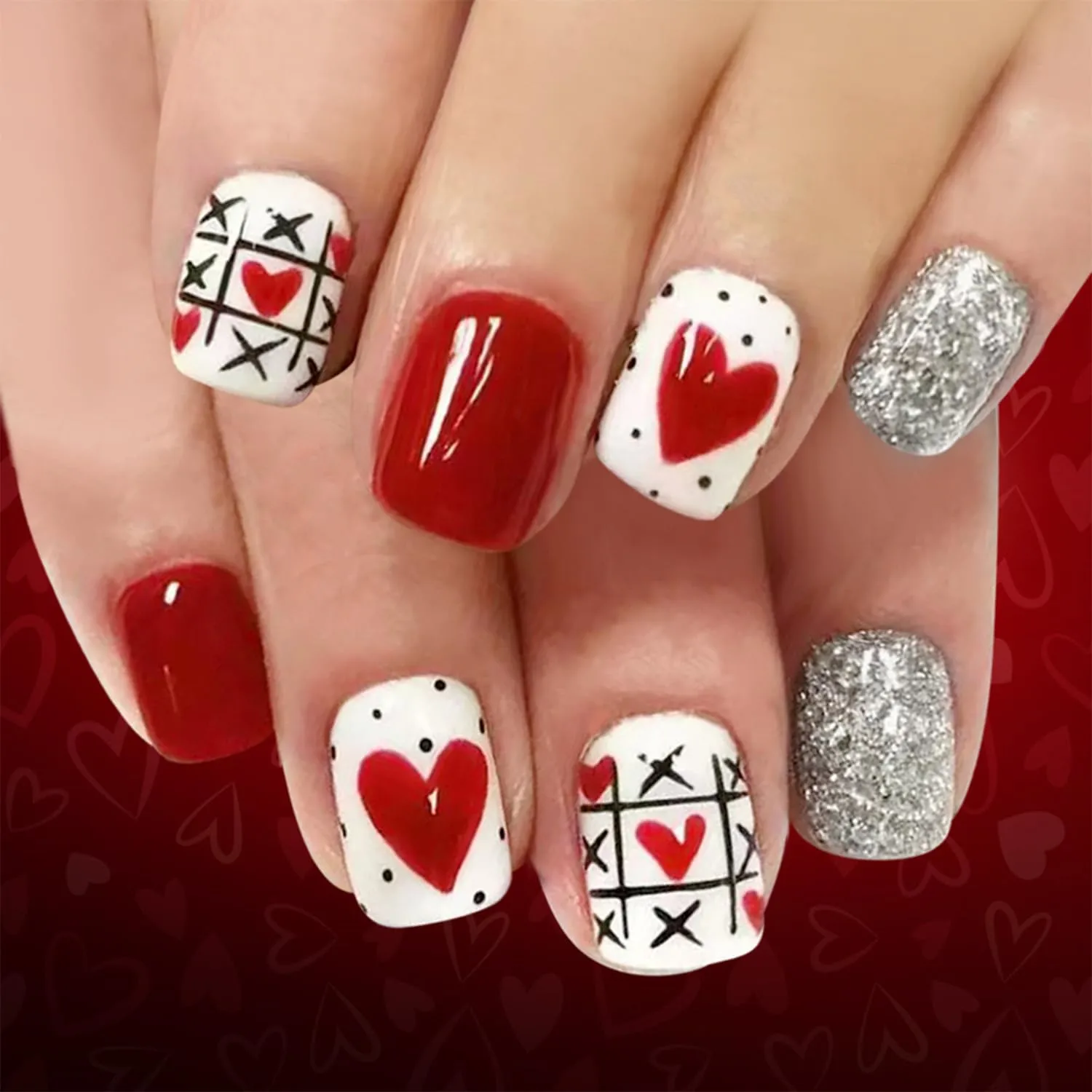 24Pcs Romantic Valentines Press on Nails Short Square Fake Nails with Silver Glitter Designs Cute Red Hearts False Nails Red Full Cover Glossy Acrylic Stick on Nails for Women DIY Manicure Decoration