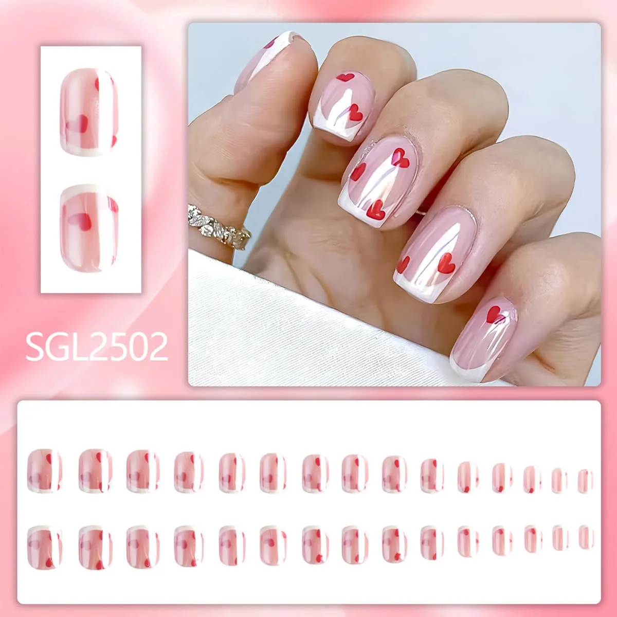 30Pcs White French Tip Press on Nails Short Square Fake Nails with Red Heart Designs Cute Glue on Nail Romantic Valentines Day False Nails Chrome Artificial Stick on Nail for Women DIY Manicure Salon