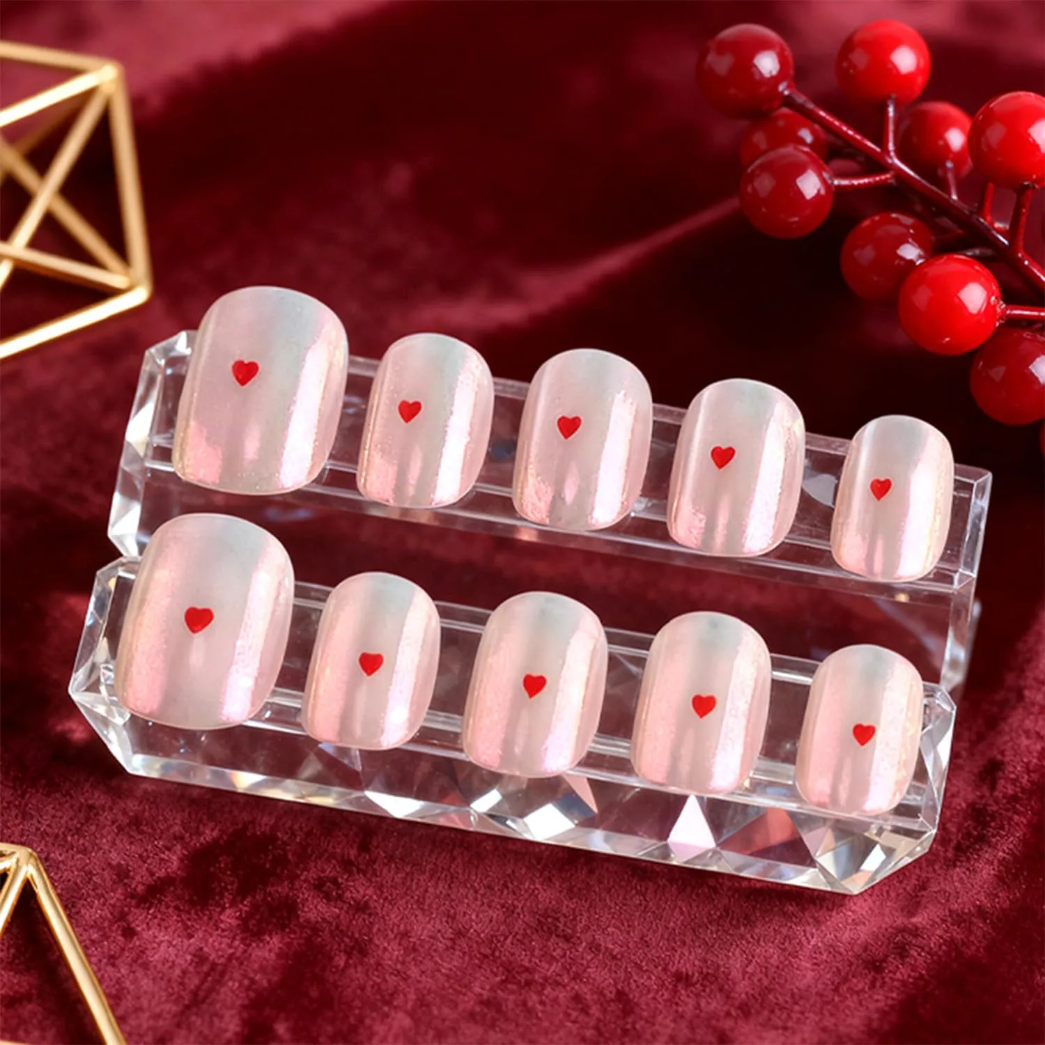 30Pcs Pink Press on Nails Short Oval Fake Nails with Red Heart Designs Cute Glue on Nails Romantic Valentines False Nails Pink Gradient Artificial Acrylic Stick on Nail for Women DIY Manicure Salon