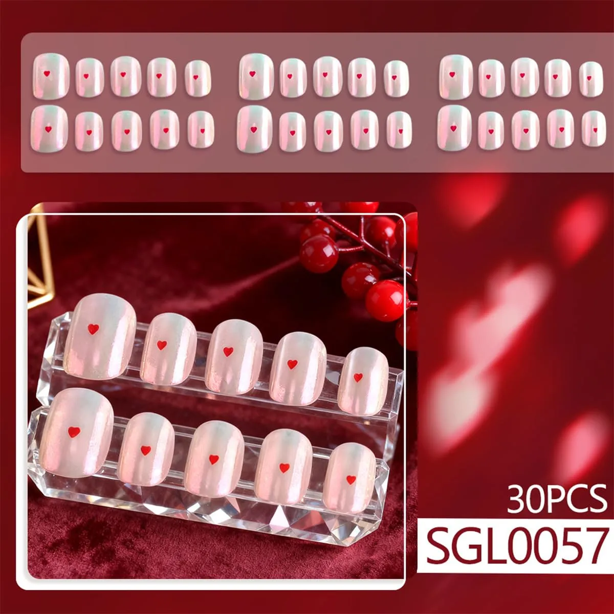 30Pcs Pink Press on Nails Short Oval Fake Nails with Red Heart Designs Cute Glue on Nails Romantic Valentines False Nails Pink Gradient Artificial Acrylic Stick on Nail for Women DIY Manicure Salon