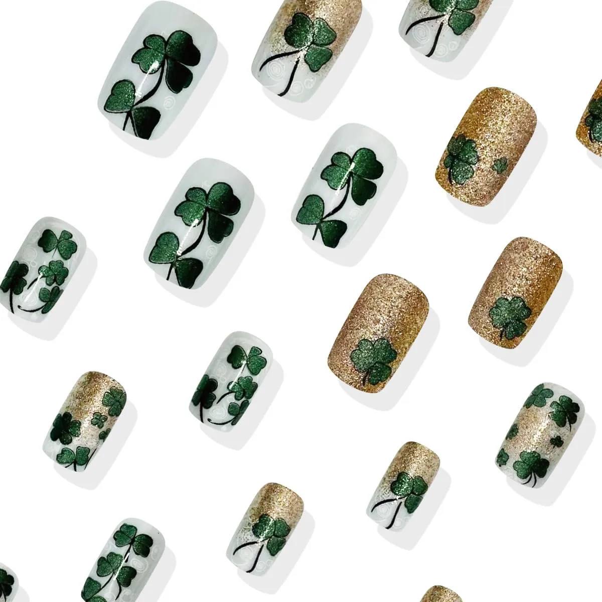24Pcs St. Patrick's Day Press on Nails Medium Square Fake Nails with Gold Glitter Design Irish Green Shamrocks False Nails Lucky Clover Artificial Acrylic Stick on Nails for Women DIY Manicure Salon