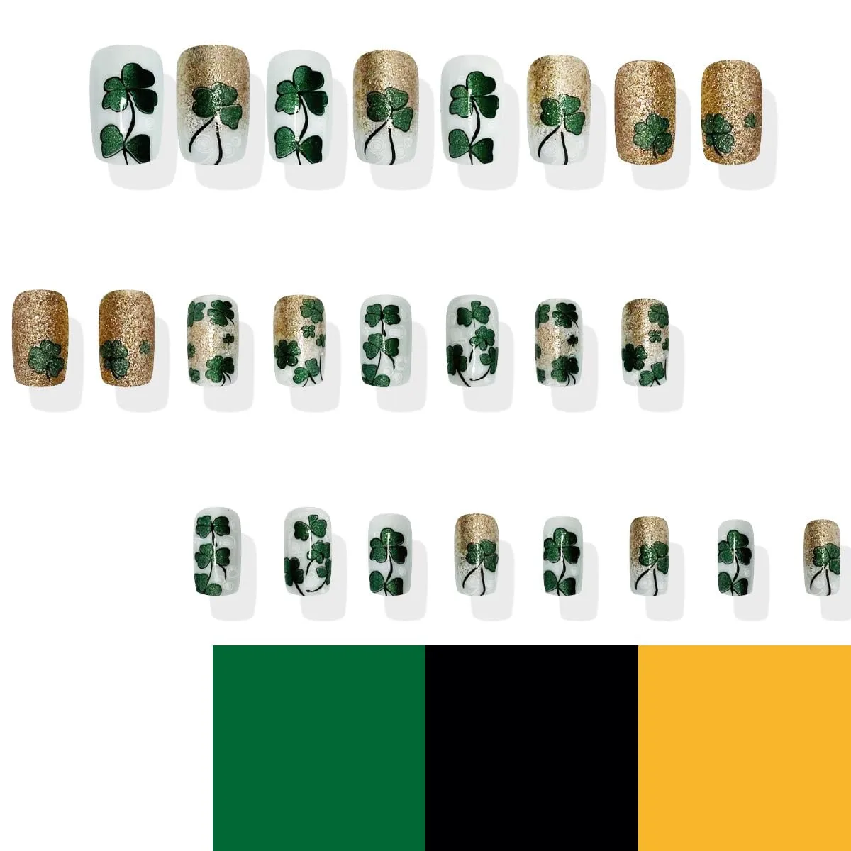 24Pcs St. Patrick's Day Press on Nails Medium Square Fake Nails with Gold Glitter Design Irish Green Shamrocks False Nails Lucky Clover Artificial Acrylic Stick on Nails for Women DIY Manicure Salon