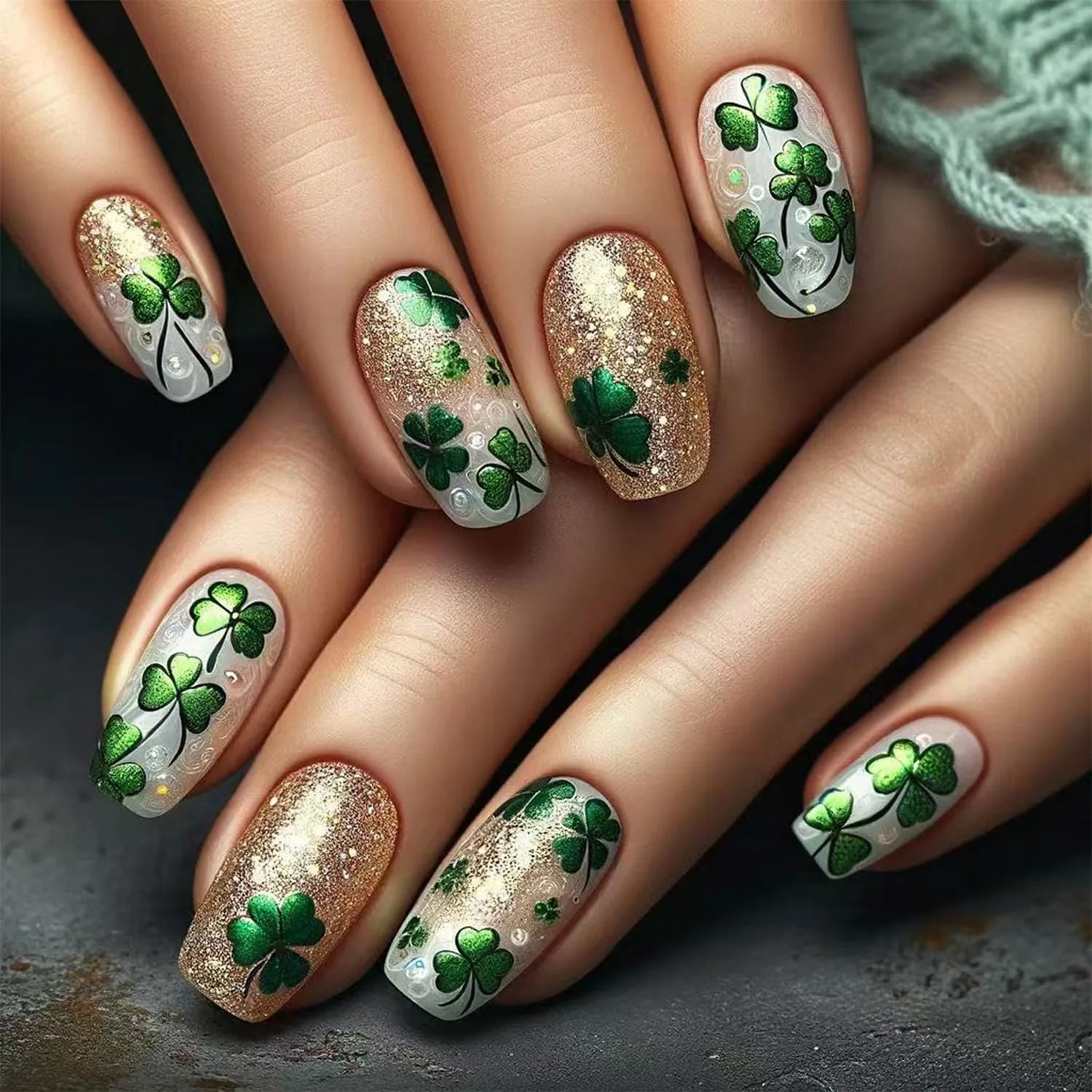 24Pcs St. Patrick's Day Press on Nails Medium Square Fake Nails with Gold Glitter Design Irish Green Shamrocks False Nails Lucky Clover Artificial Acrylic Stick on Nails for Women DIY Manicure Salon