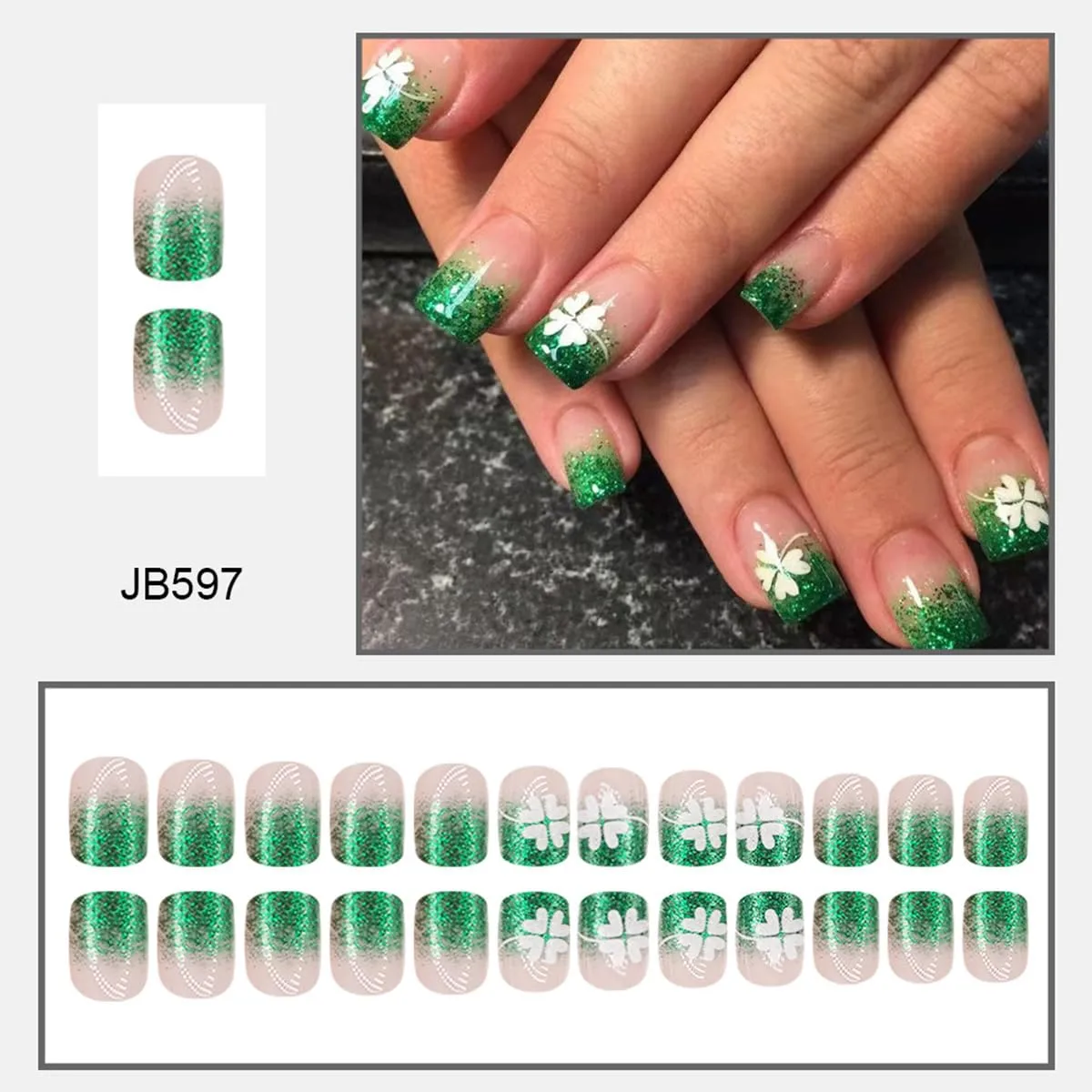 24Pcs St. Patrick's Day Press on Nails Short Square False Nails with Lucky Clover Designs Green Glitter Gradient French Tip False Nails Irish Shamrock Full Cover Acrylic Stick on Nails for Women DIY