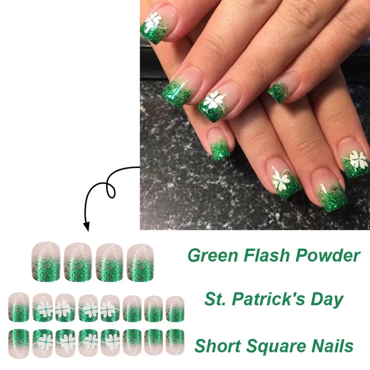 24Pcs St. Patrick's Day Press on Nails Short Square False Nails with Lucky Clover Designs Green Glitter Gradient French Tip False Nails Irish Shamrock Full Cover Acrylic Stick on Nails for Women DIY