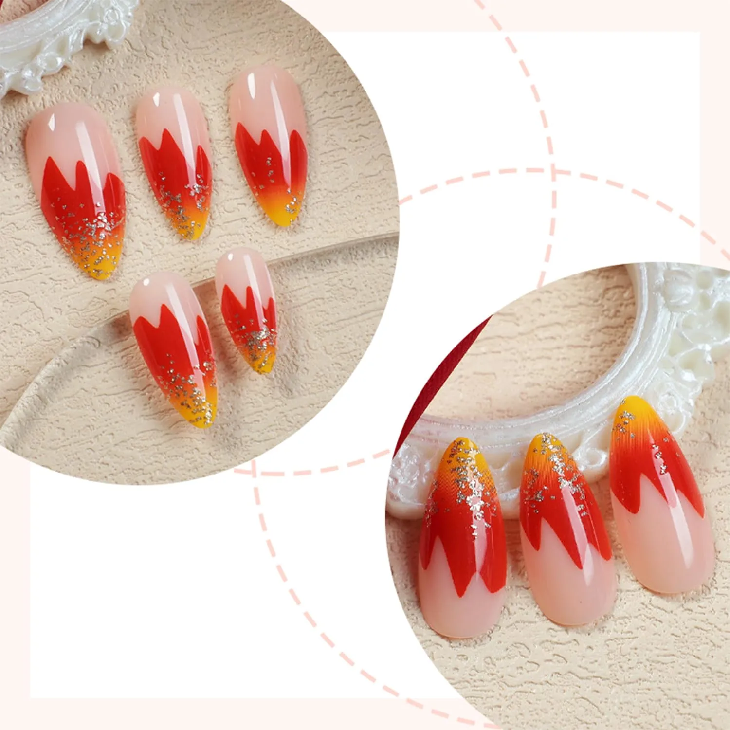 24pcs French Tip Press on Nails Medium Almond Fake Nails with Glitter Designs Flame False Nails Kit Gold Red Acrylic Nails Stick on Nails Full Cover Glue on Nails for Women Nail Decoration