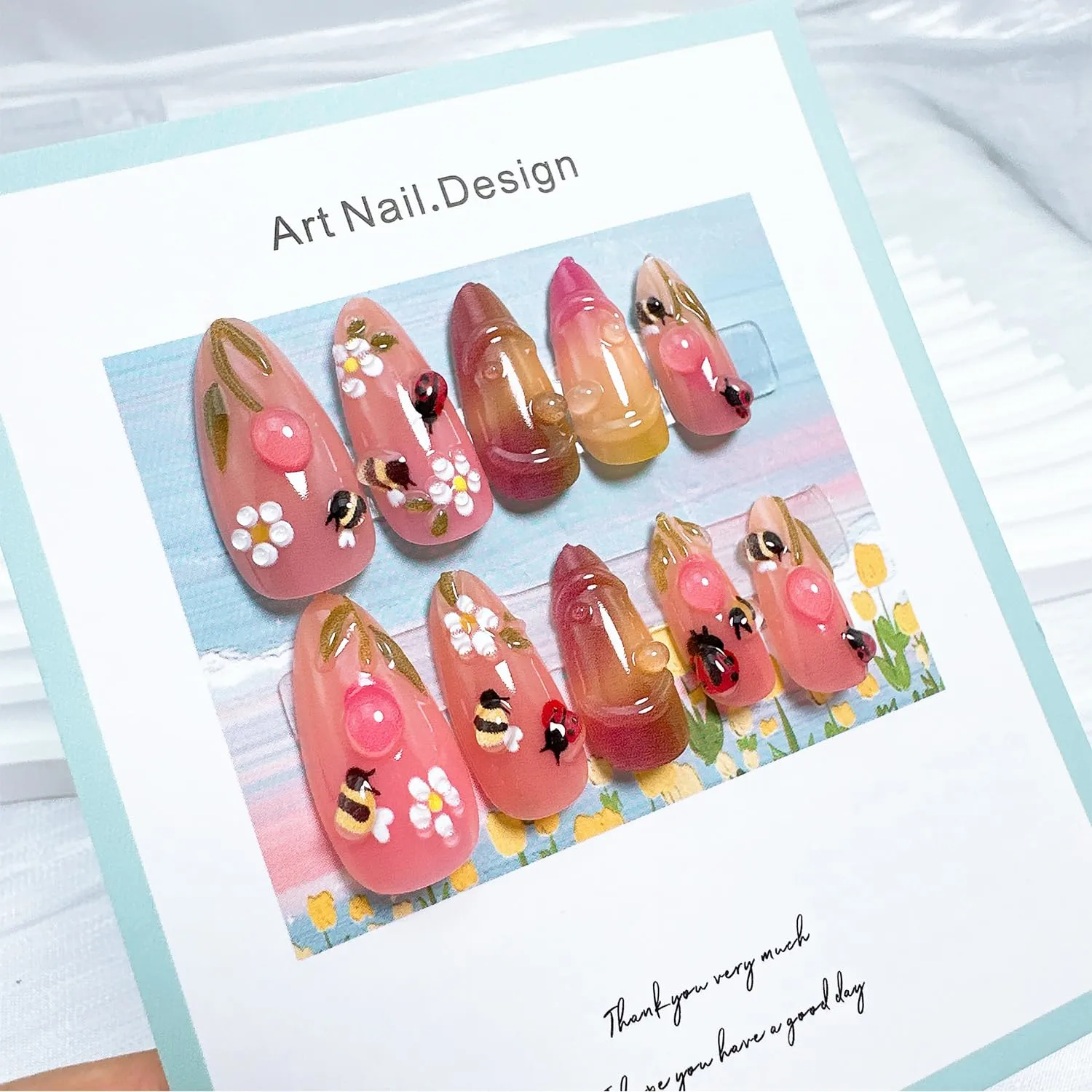 24pcs Summer Press on Nails Medium Almond Fake Nails with Insect Flower Acrylic Nails Designs Bee Glue on Nails Cute Floral False Nails Kit Full Cover Stick on Nails for Women Nail Decoration