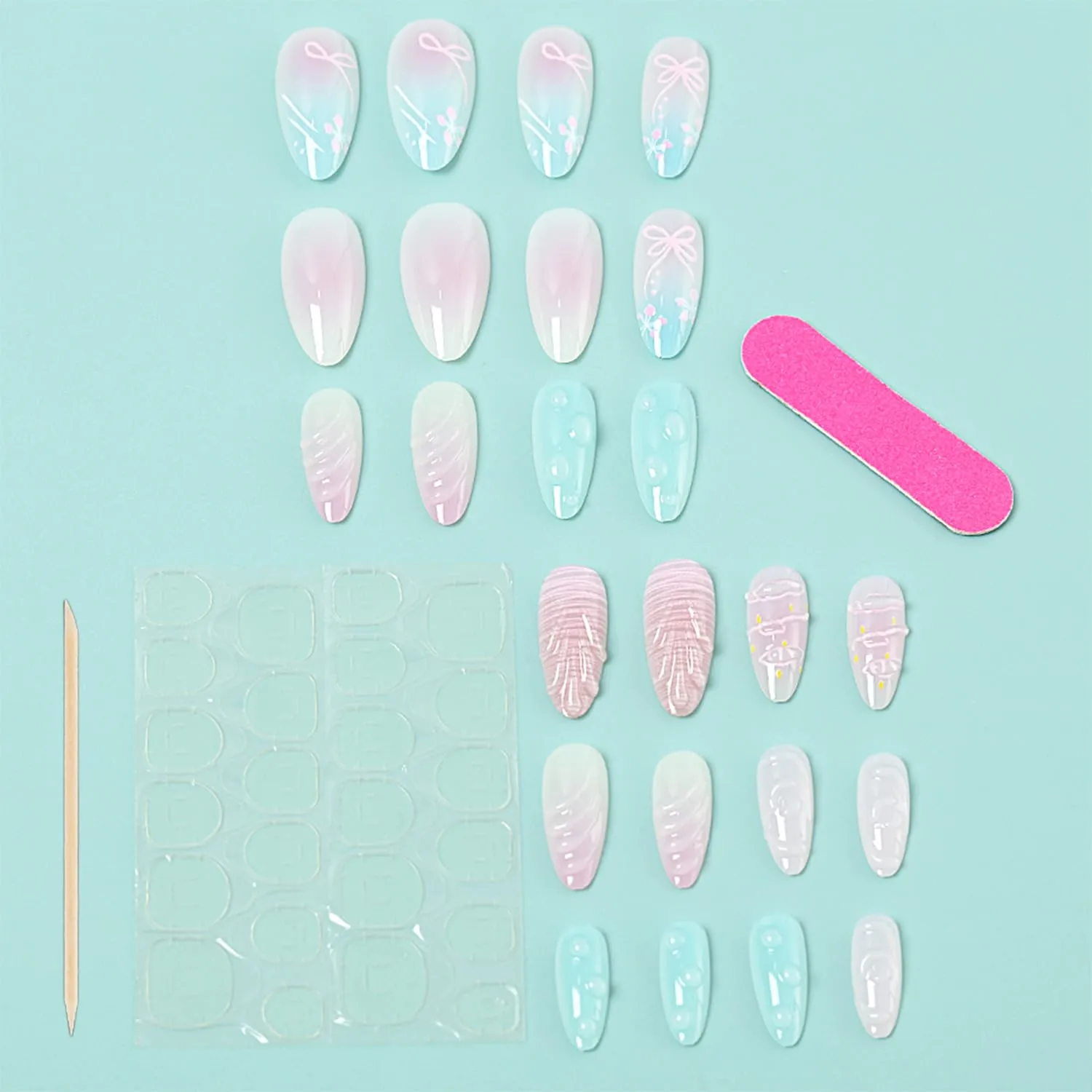 24pcs Cute Press on Nails Medium Almond Fake Nails with 3D Designs Summer False Nails Kit Flower Glue on Nails Bow Acrylic Nails Gradient Full Cover Stick on Nails for Women Beach Nail Decoration