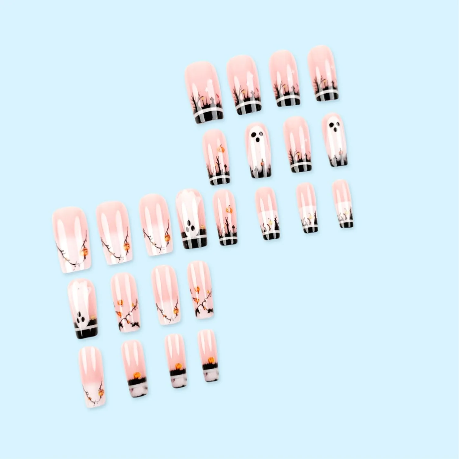 24pcs Halloween Press On Nails Medium Coffin French Tip Gel False Nails with Designs Horror Ghost Pumpkin Glue on Nails French Full Cover Stick on Nails for Women Holiday Nail Decoration