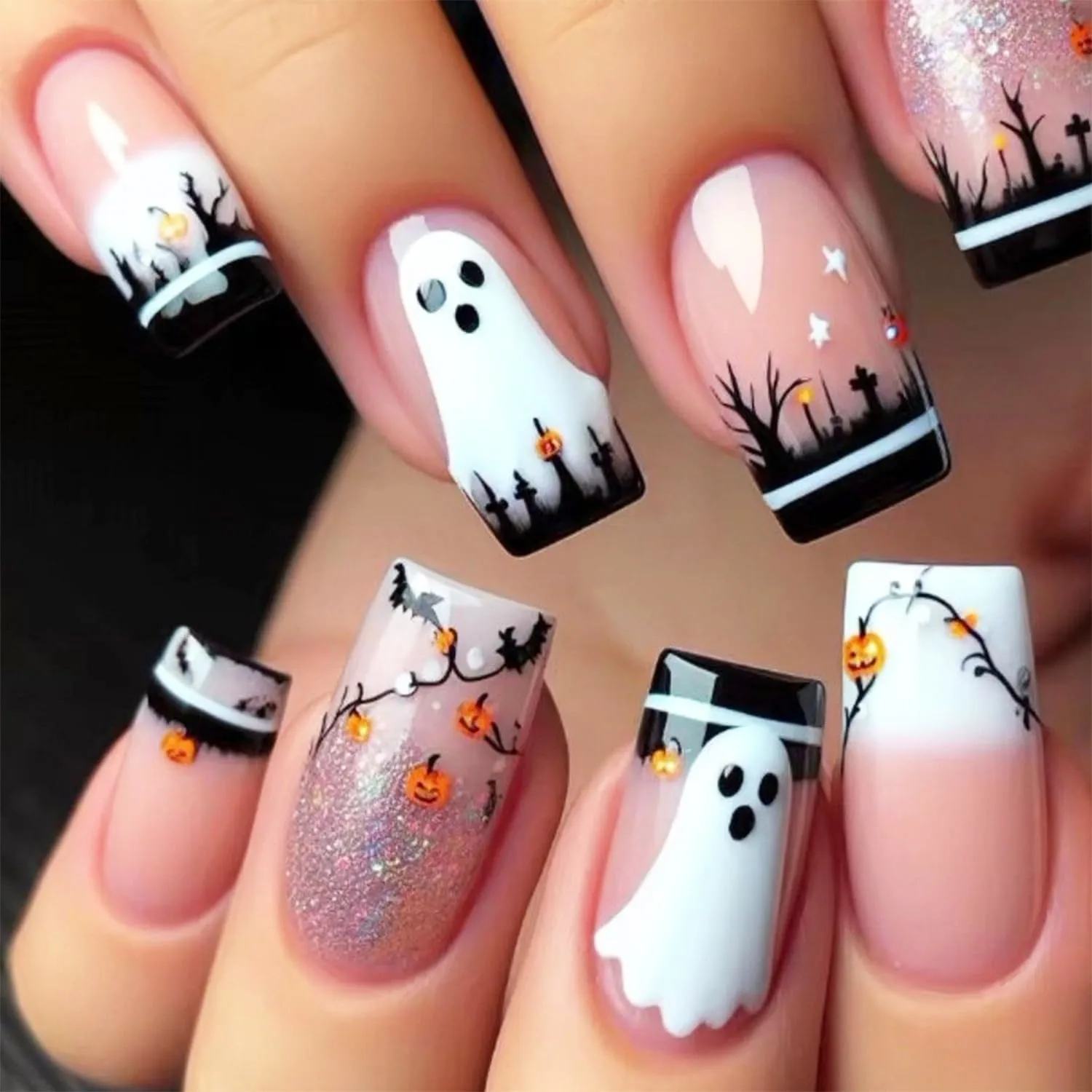 24pcs Halloween Press On Nails Medium Coffin French Tip Gel False Nails with Designs Horror Ghost Pumpkin Glue on Nails French Full Cover Stick on Nails for Women Holiday Nail Decoration