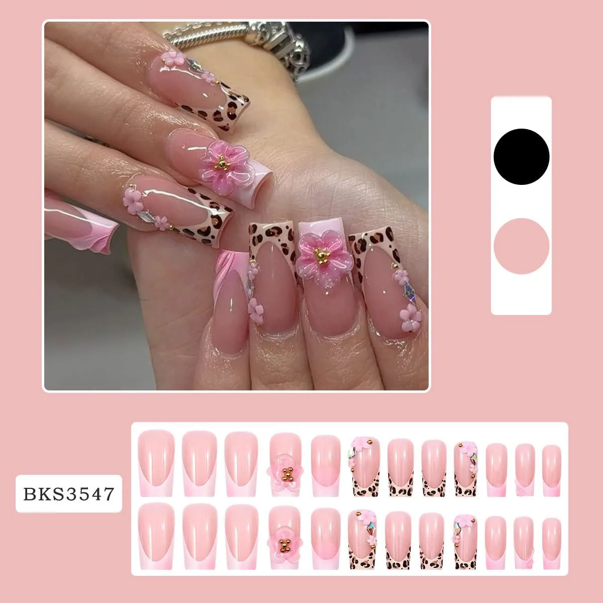 24Pcs Leopard French Tip Press on Nails Medium Long Square Fake Nails with 3D Flower Rhinestones Glitter Designs Full Cover Spring Stick on Nails Flowers False Nails for Women Acrylic Manicure DIY