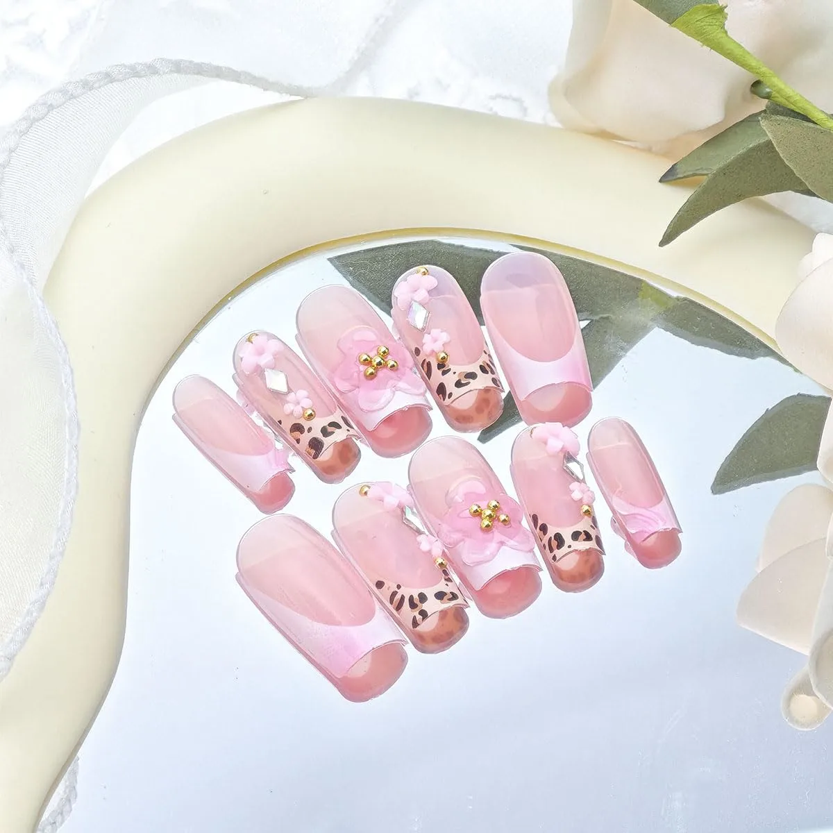 24Pcs Leopard French Tip Press on Nails Medium Long Square Fake Nails with 3D Flower Rhinestones Glitter Designs Full Cover Spring Stick on Nails Flowers False Nails for Women Acrylic Manicure DIY