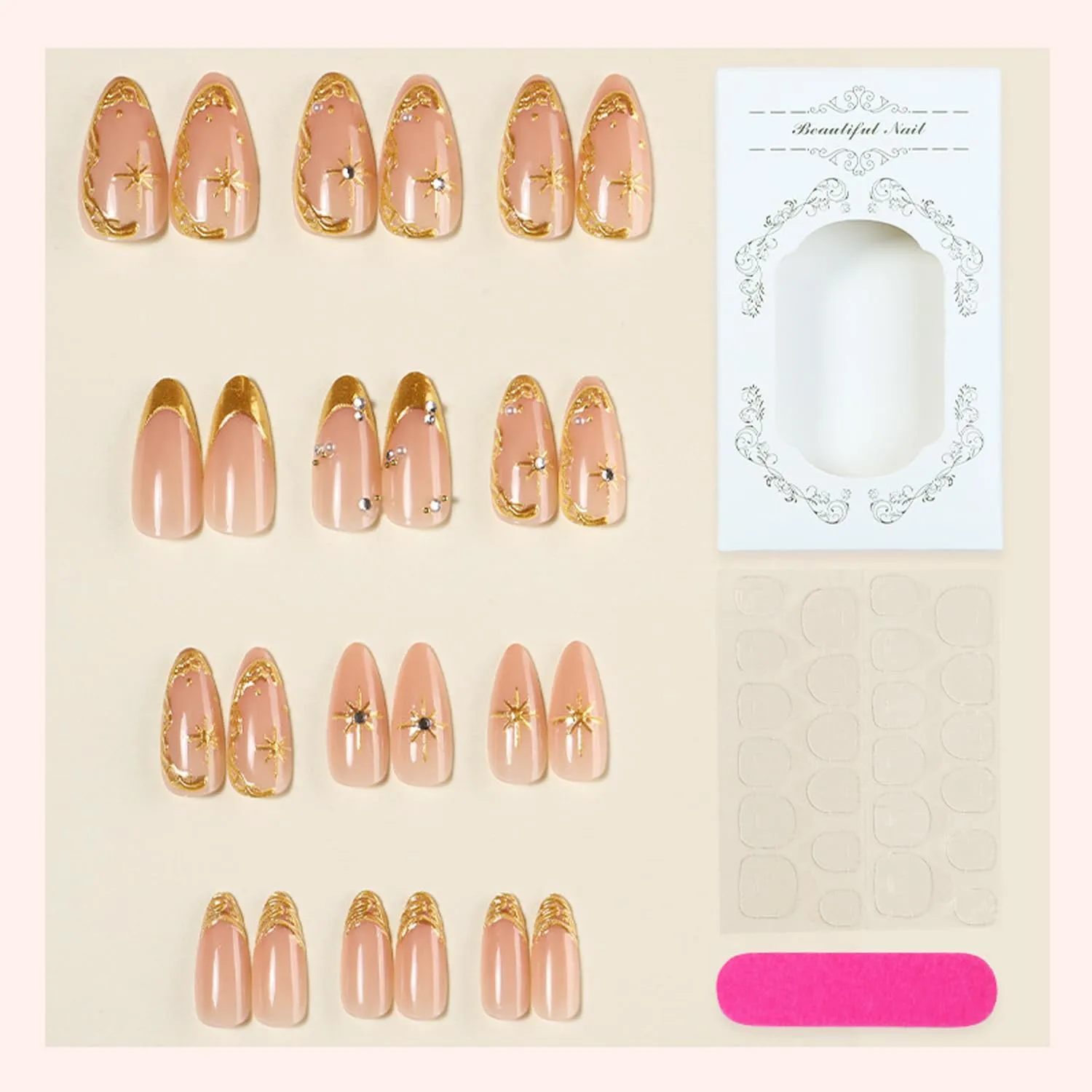 24Pcs Chrome Gold Press on Nails Medium Almond French Tip Fake Nails with 3D Rhinestone Design Gold Star False Nails Irregular Gilded Line Full Cover Nude Pink Glossy Acrylic Stick on Nails for Women