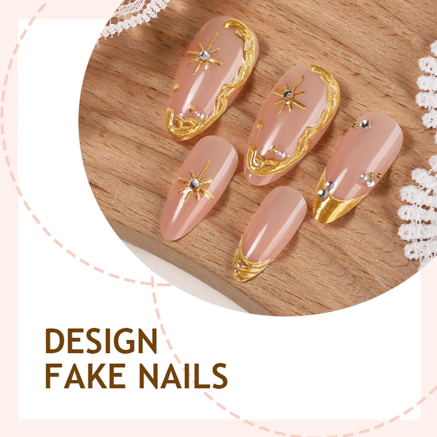 24Pcs Chrome Gold Press on Nails Medium Almond French Tip Fake Nails with 3D Rhinestone Design Gold Star False Nails Irregular Gilded Line Full Cover Nude Pink Glossy Acrylic Stick on Nails for Women