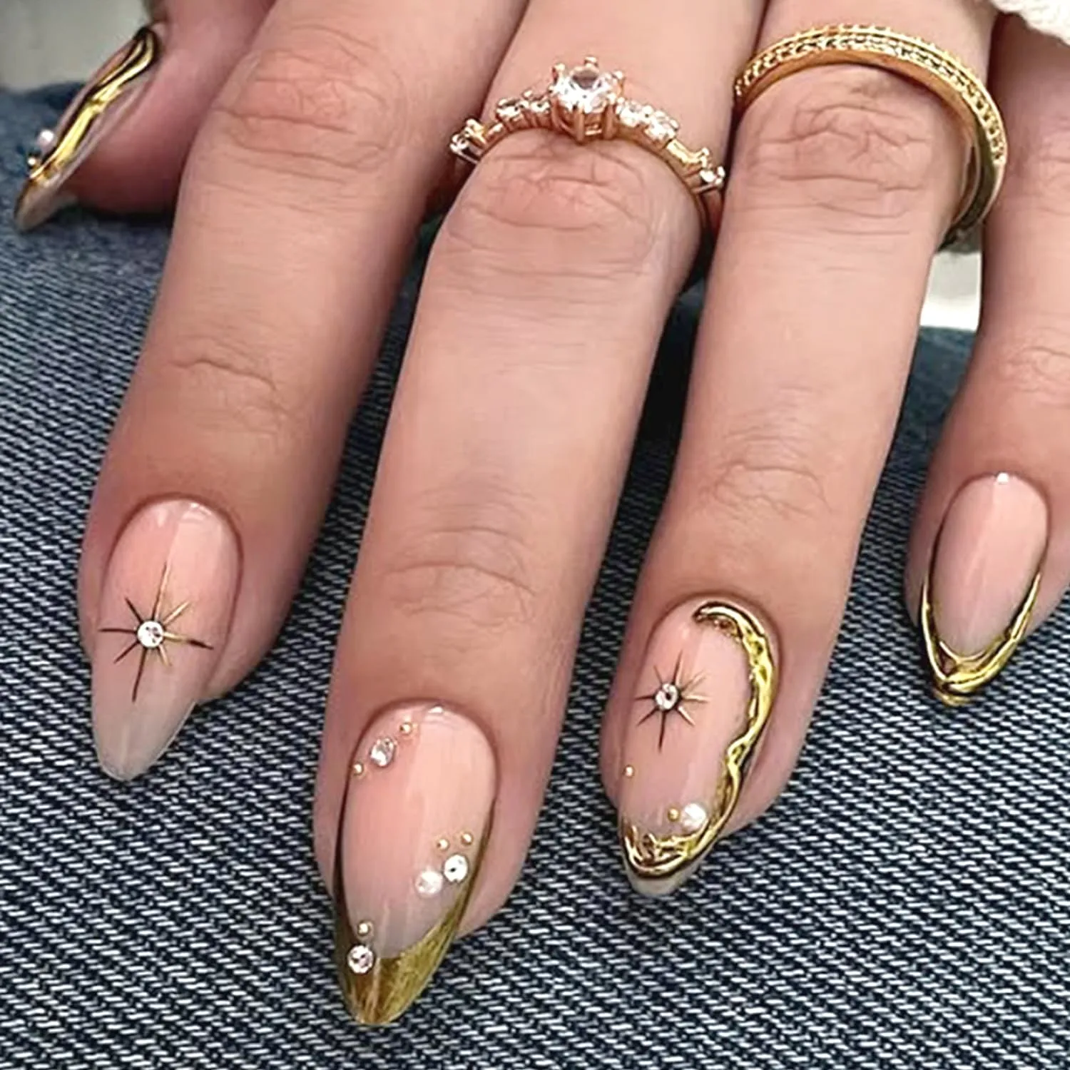 24Pcs Chrome Gold Press on Nails Medium Almond French Tip Fake Nails with 3D Rhinestone Design Gold Star False Nails Irregular Gilded Line Full Cover Nude Pink Glossy Acrylic Stick on Nails for Women