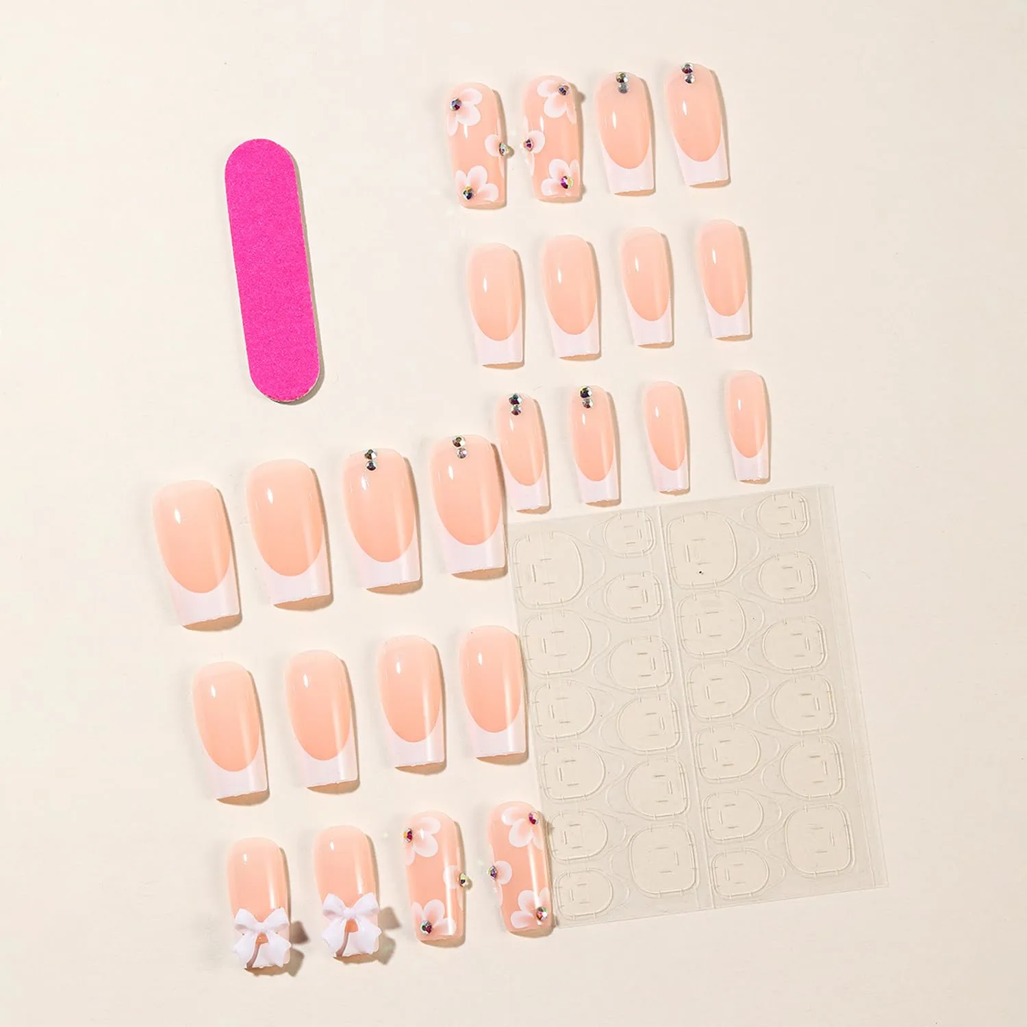 24pcs French Tip Press on Nails Medium Length Fake Nails Flower with 3D Flower Bow Charms Acrylic Nails Press ons Design Glossy Pink False Nails Cute Stick on Nails for Women Manicure Tips