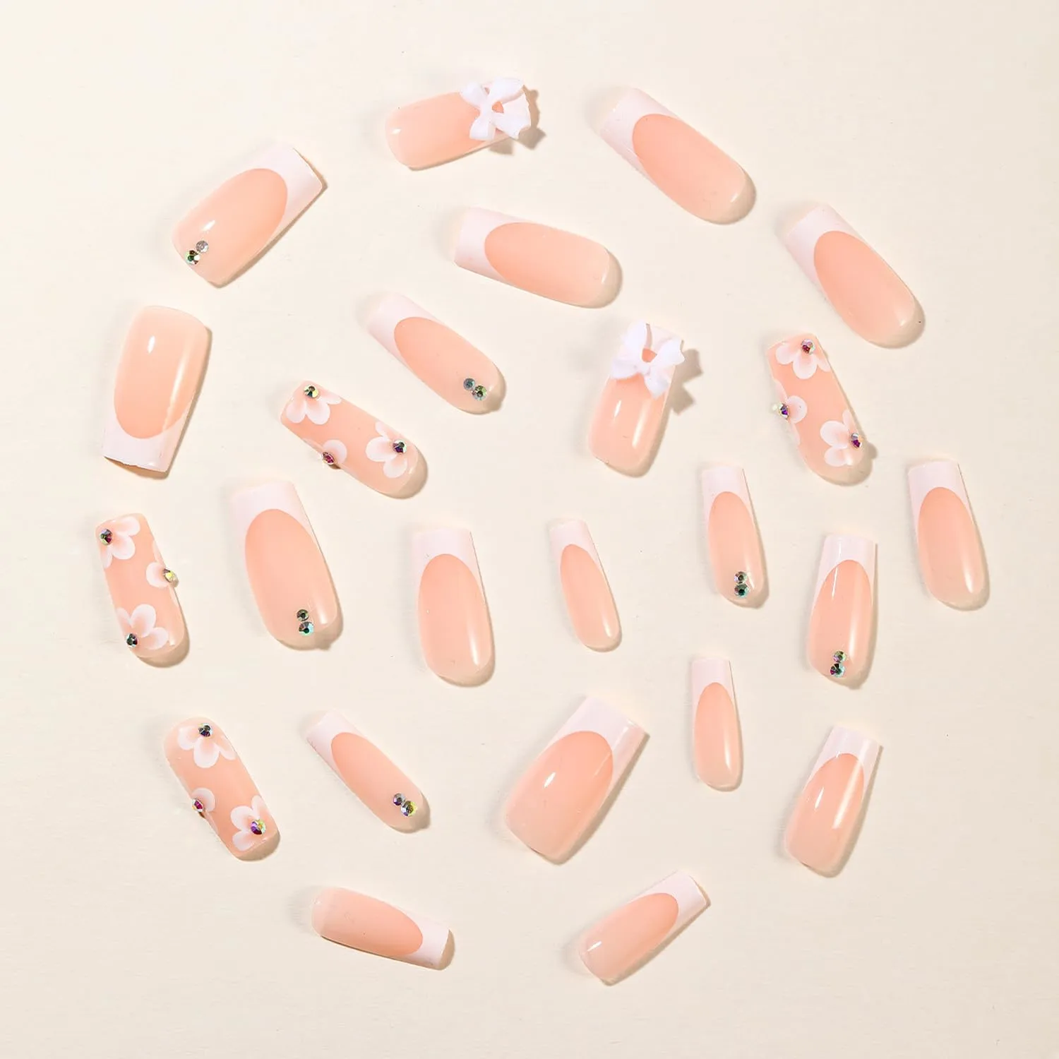 24pcs French Tip Press on Nails Medium Length Fake Nails Flower with 3D Flower Bow Charms Acrylic Nails Press ons Design Glossy Pink False Nails Cute Stick on Nails for Women Manicure Tips