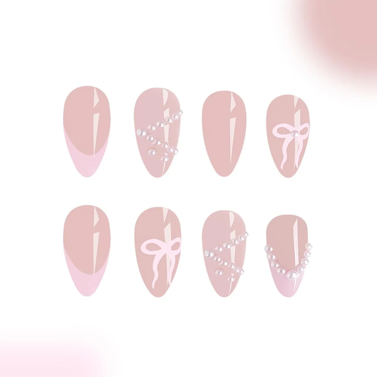Light Pink French Tip Press on Nails Short Almond Fake Nails Glossy Full Cover Acrylic Nails Pearl Bow Cute Nails Gel Glue on Nails Nude Pink False Nails Stick on Nails for Women Girls 24Pcs