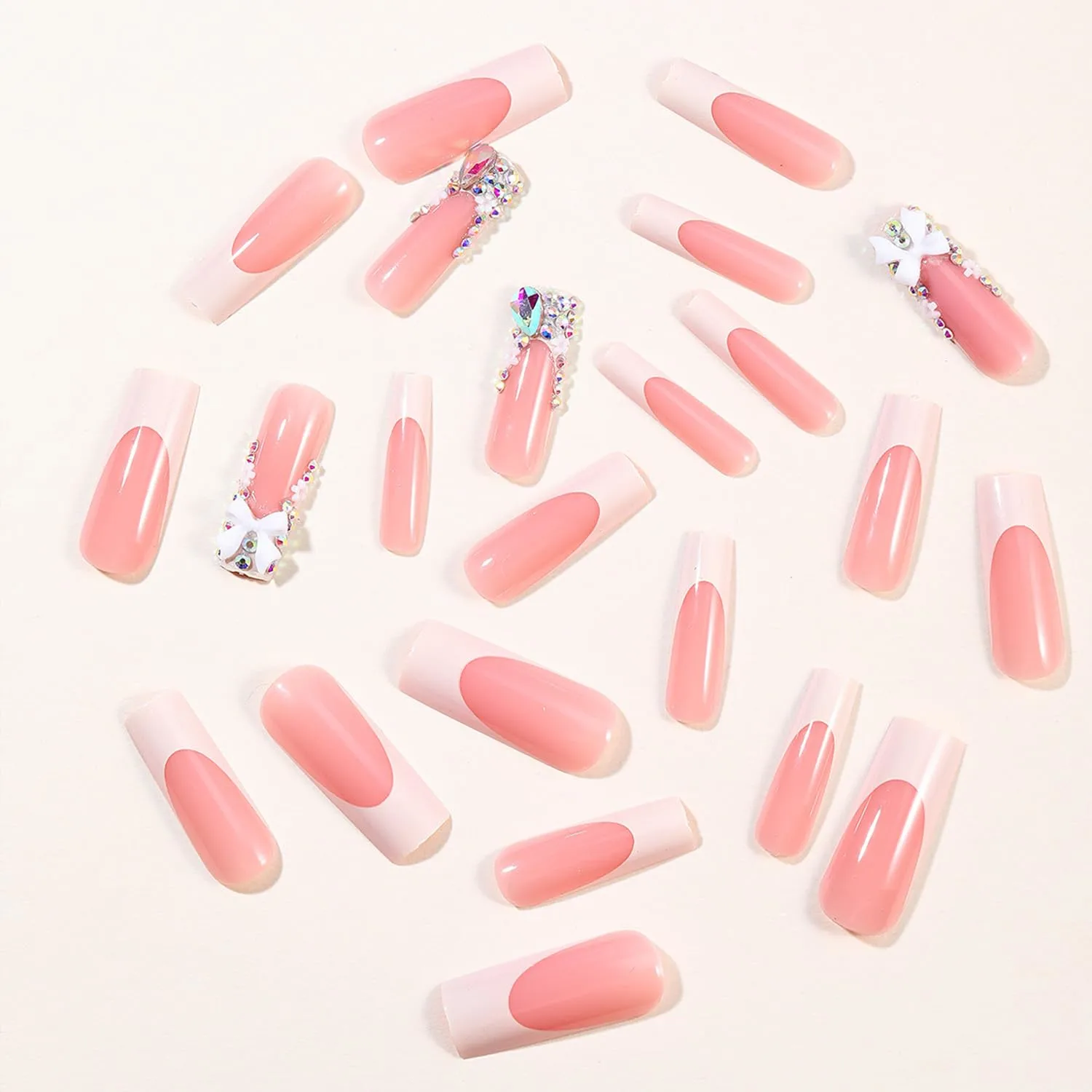 24pcs Long Press on Nails Coffin Nails Shiny with Charms French luxury Fake Nails Bow Flower Designs Cute Press ons Rhinestone Nails White French False Nail Tip Artificial Nails Finger Manicure