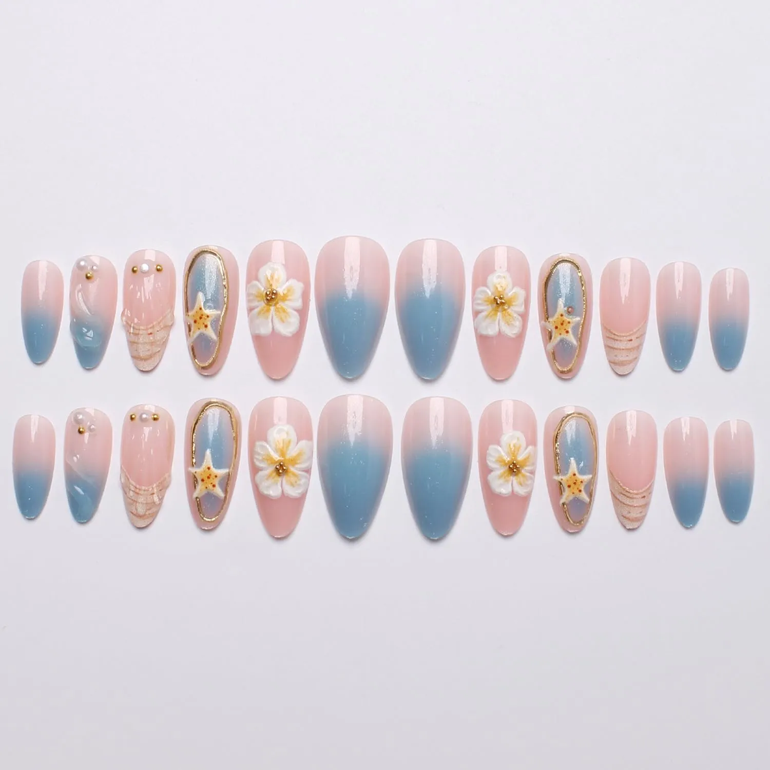 24Pcs Summer Beach Press on Nails Medium Almond French Fake Nails with 3D Ocean Starfish Shell Design Yellow Flower False Nails Nude Pink Glossy Full Cover Cute Floral Acrylic Stick on Nails for Women